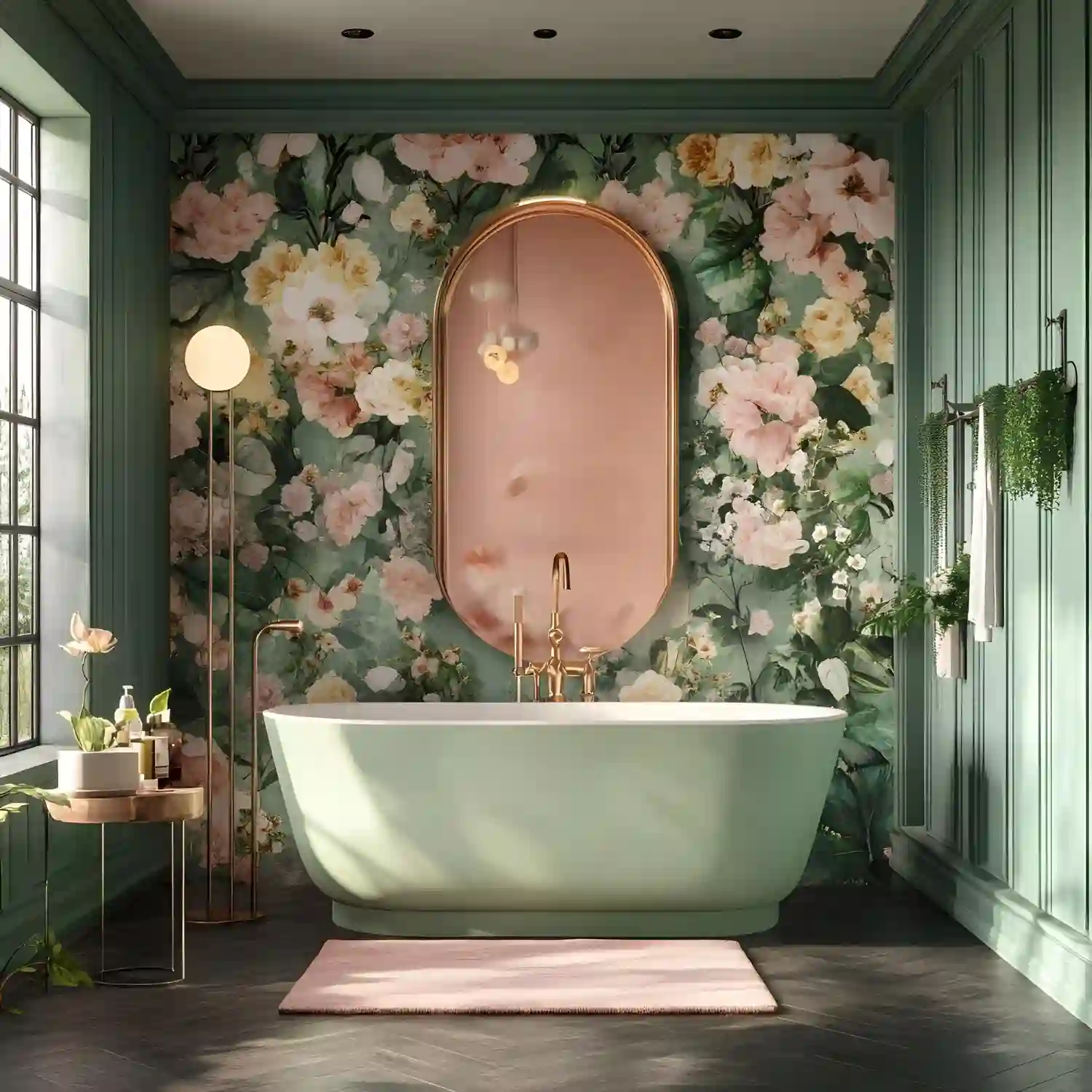 Powder room with bold botanical wallpaper above a half-wall of white beadboard paneling
