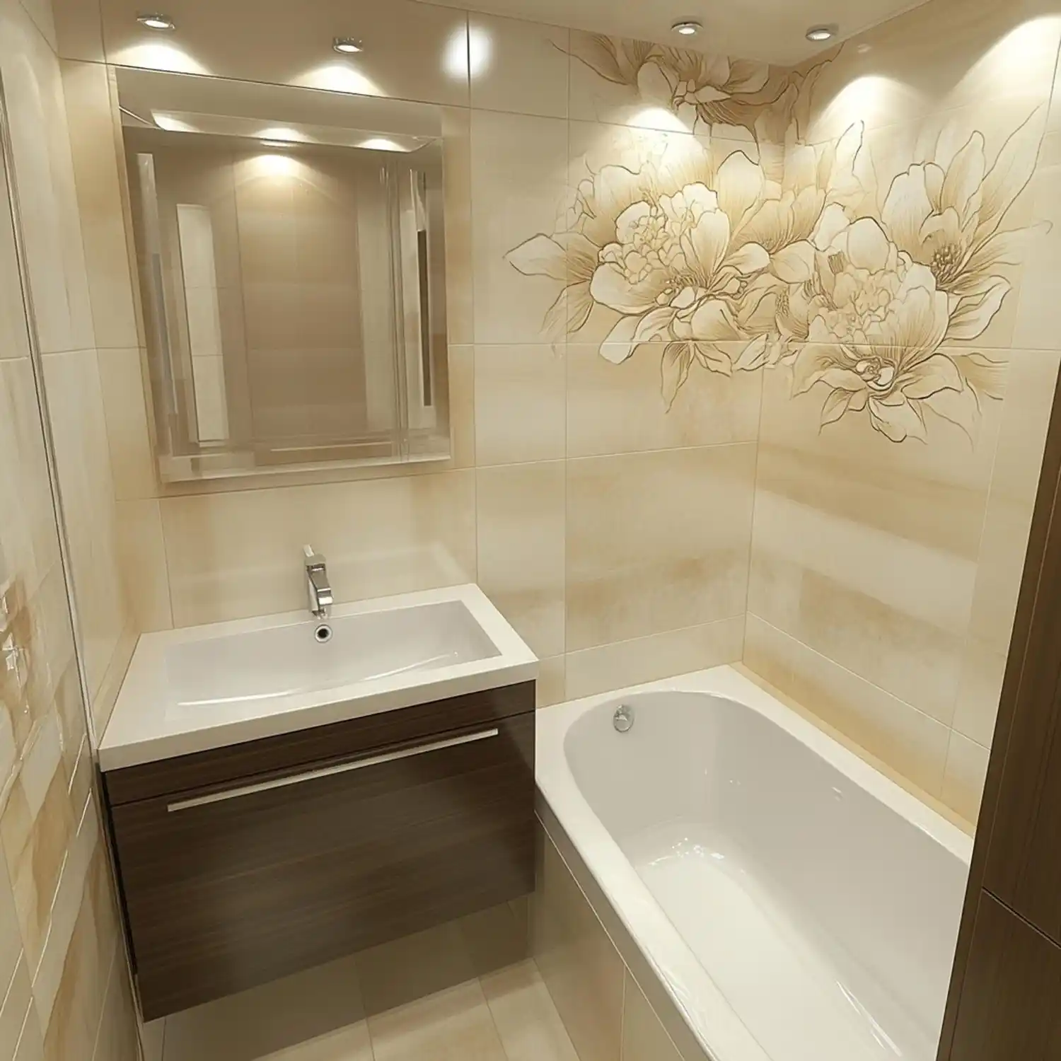 Small bathroom with one papered accent wall behind a floating oak vanity and matte-black fixtures