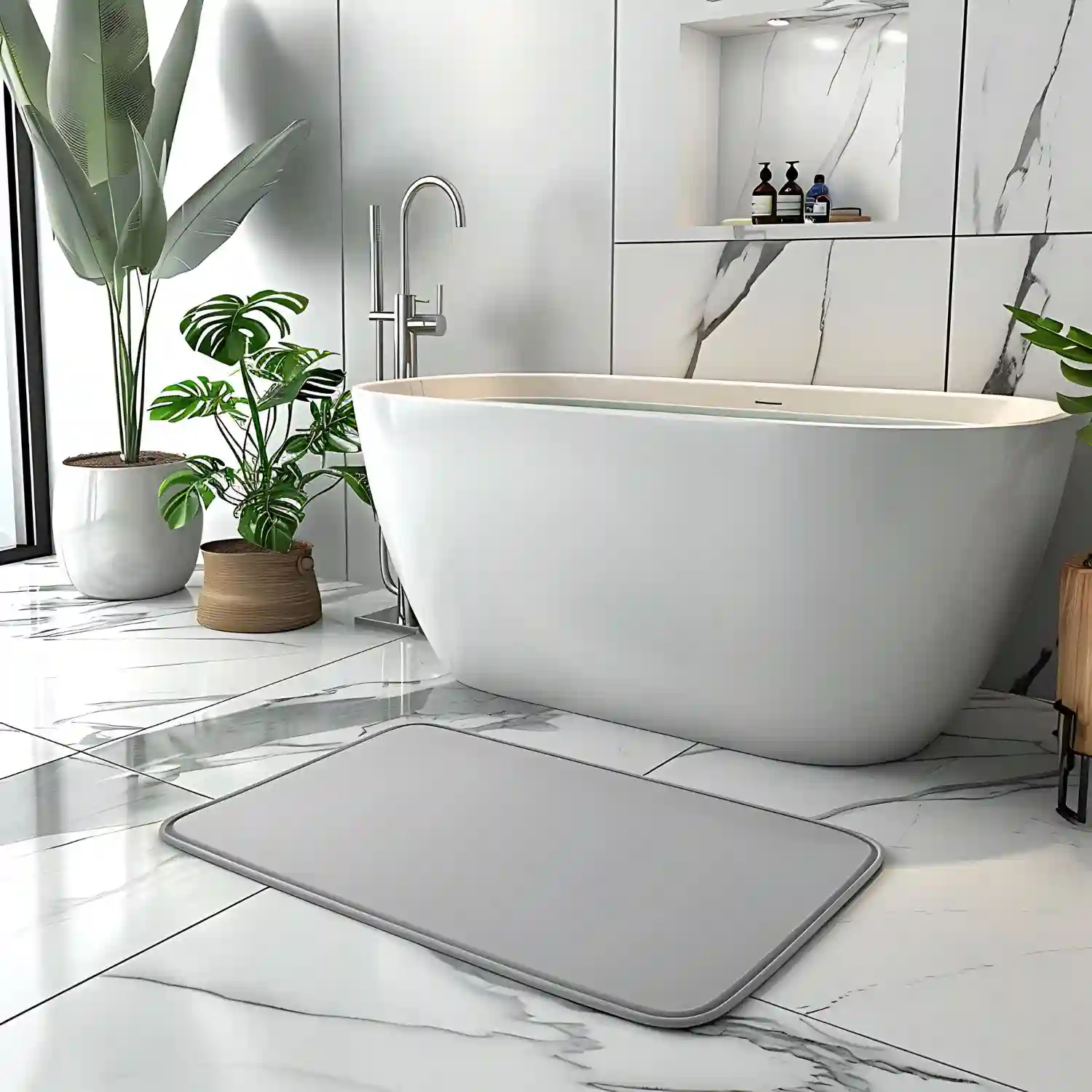 Tape measure and floor plan on a bathroom floor next to a marked-out bathtub footprint