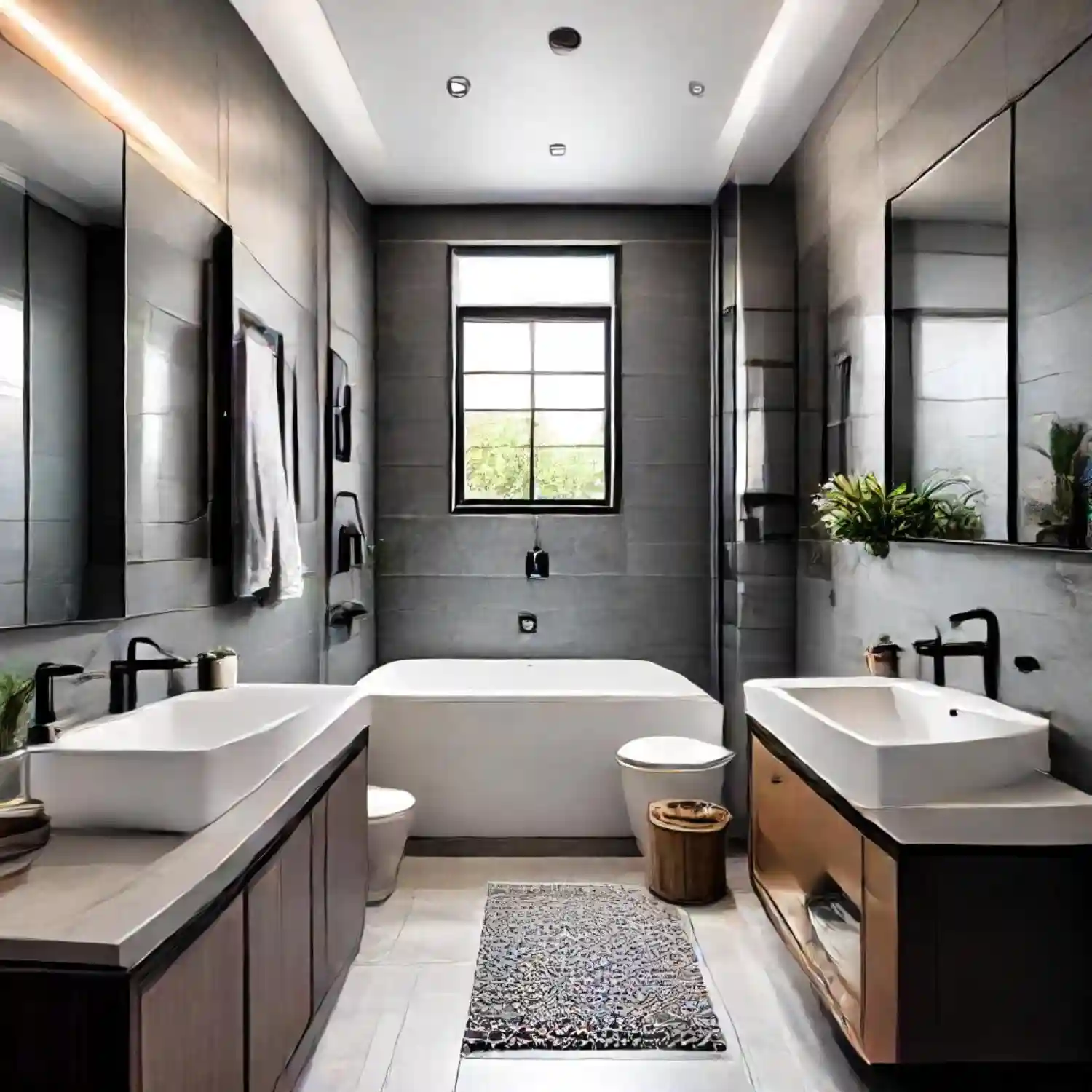 Bright bathroom showing a freestanding tub beside a glass shower with warm wood and stone finishes