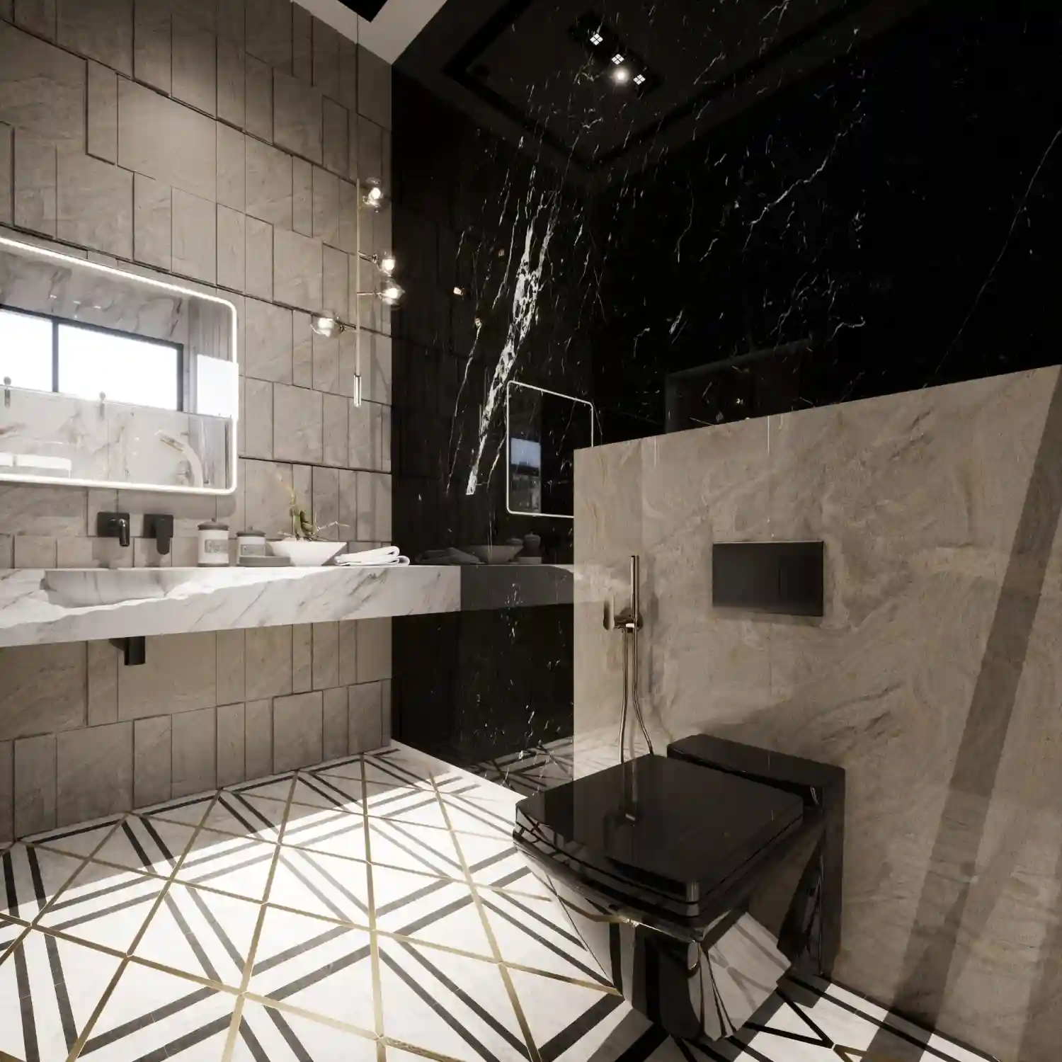 Black and white bathroom with checkerboard floor, white walls, and black hardware