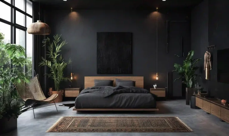 Warm monochrome bedroom with soft white walls, black upholstered headboard, cream linen bedding, and oak nightstands