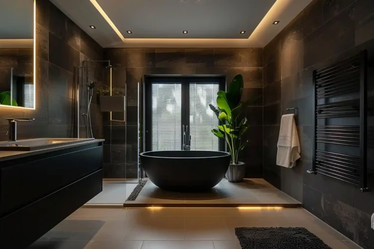 Bold modern bathroom with soft black walls, warm wood vanity, and brass fixtures in warm light