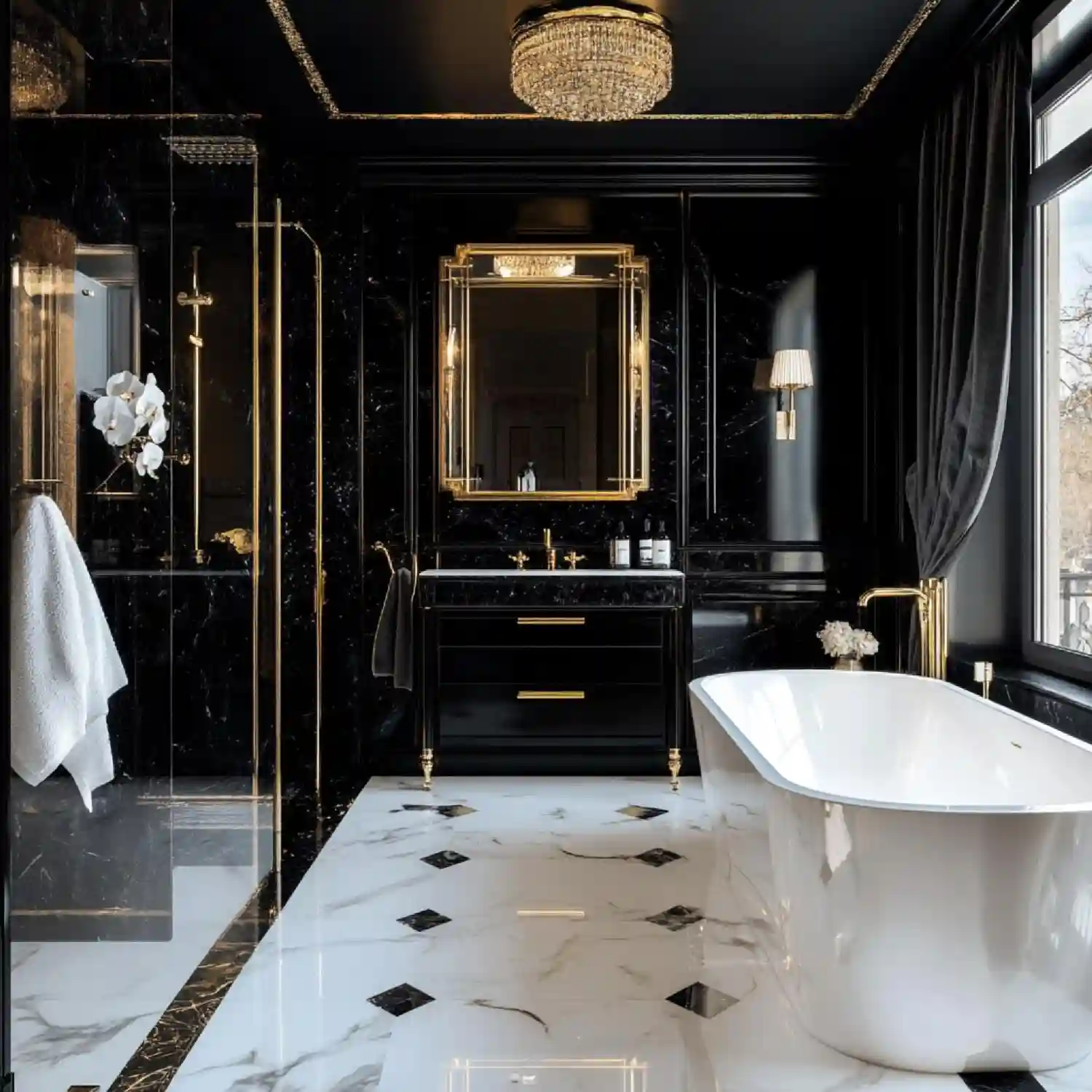 Foundation palette for a black bathroom showing matte black wall, wood, and stone samples