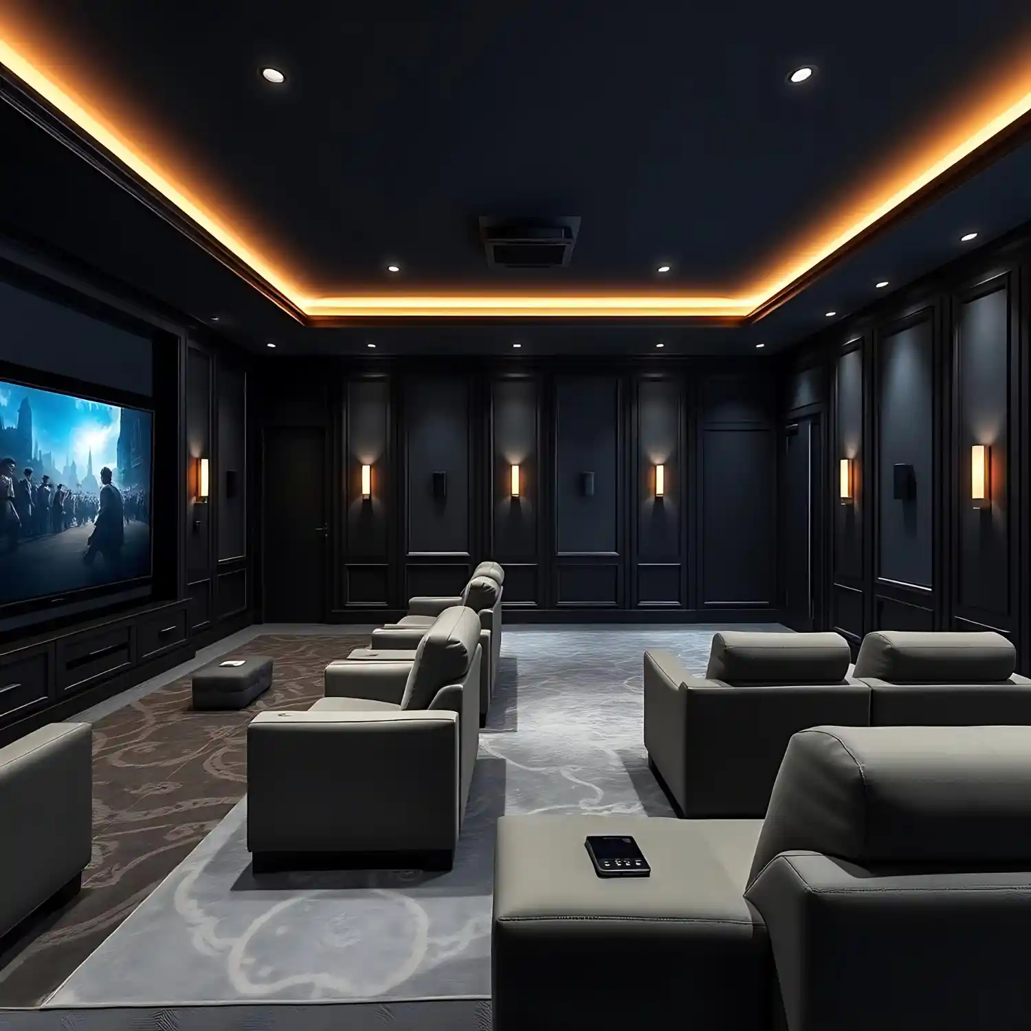 Matte-black cinema with graphite ceiling, burgundy carpet, four recliners, ribbed panels, and low step lights