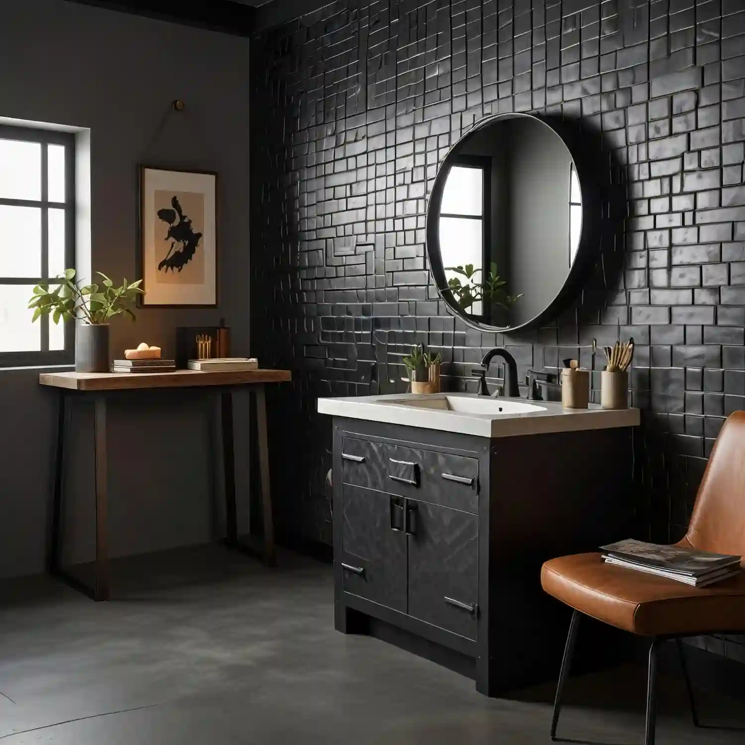 Small powder room color-drenched in black on walls, trim, and ceiling with one warm light