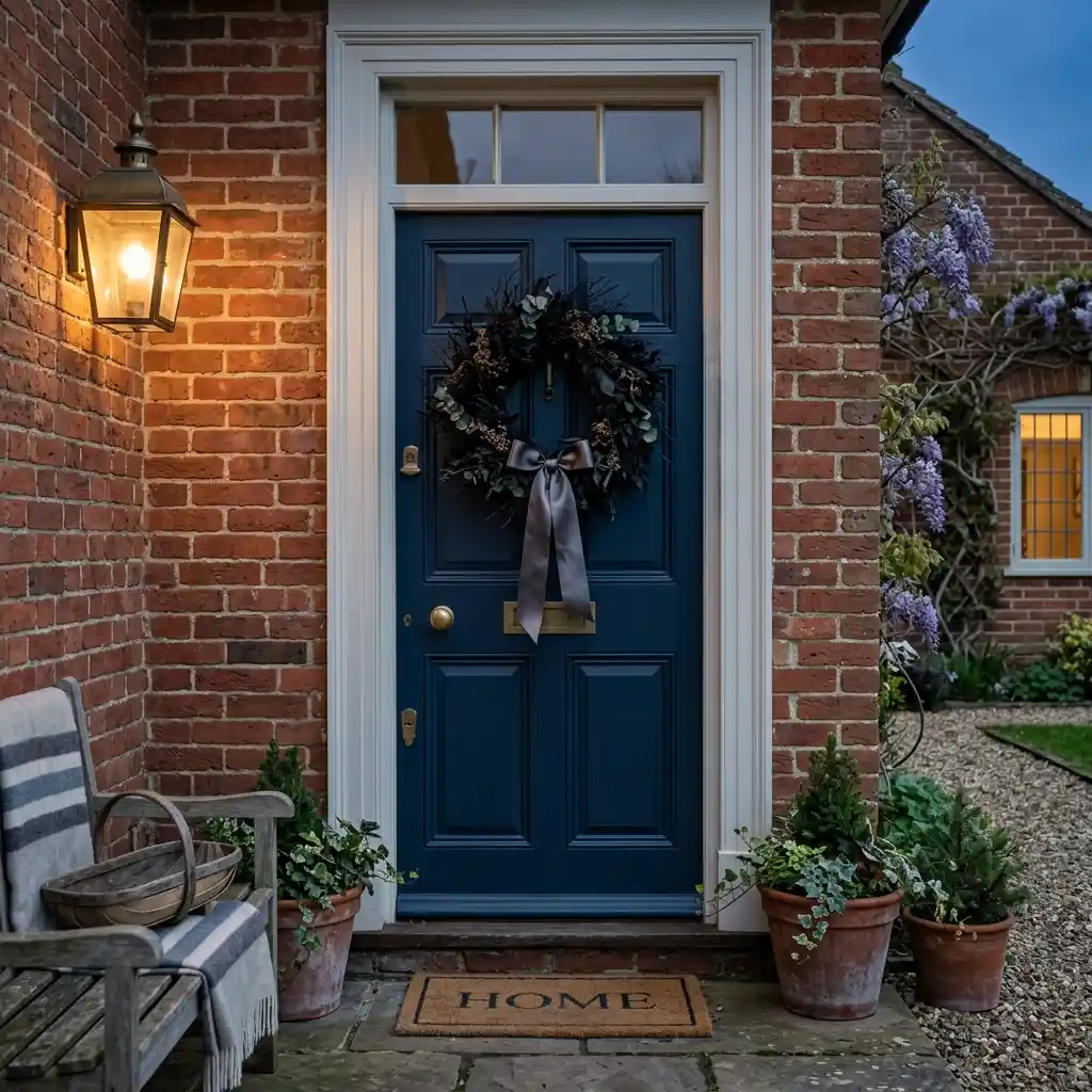 Matte black wreath with pewter ribbon on a deep navy door, lit by a warm porch light
