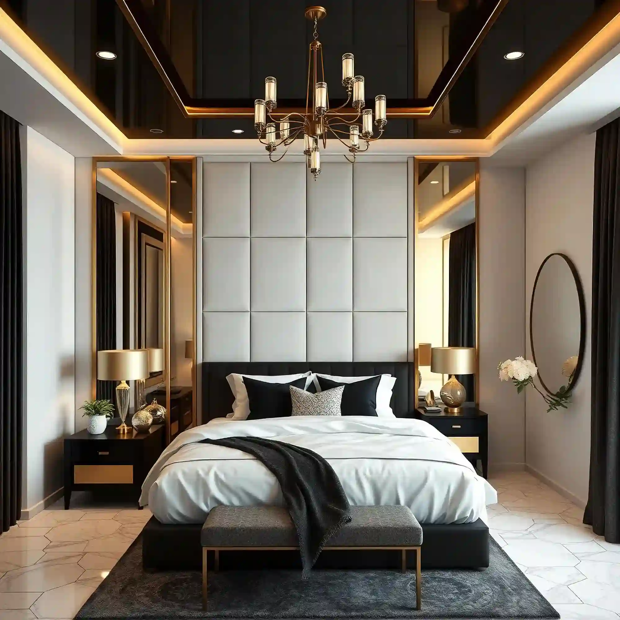 Matte black upholstered headboard repeated in a black lamp base and black curtain rod