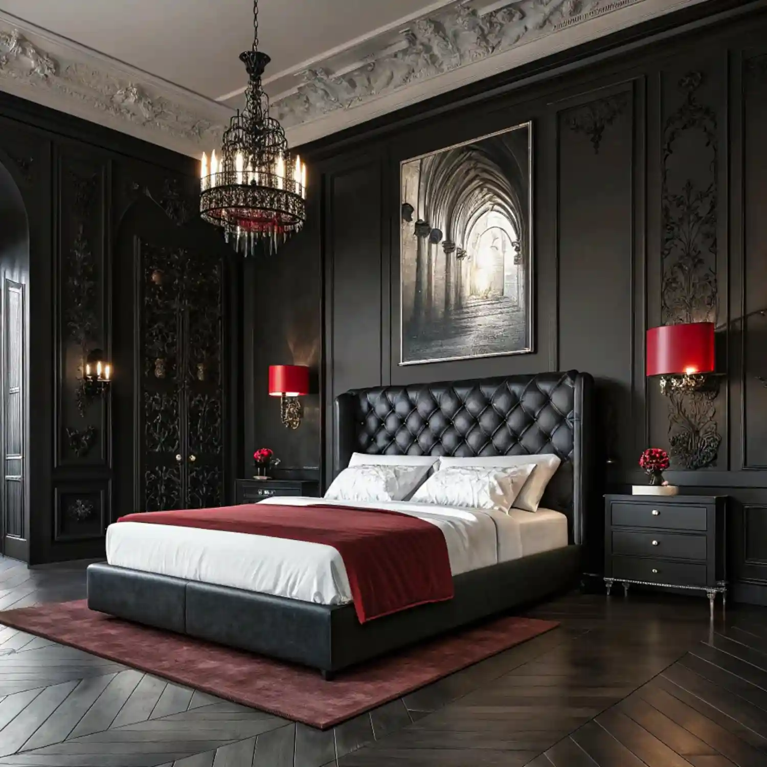 Arched gold-framed mirror on a soft black wall above a curved dressing table