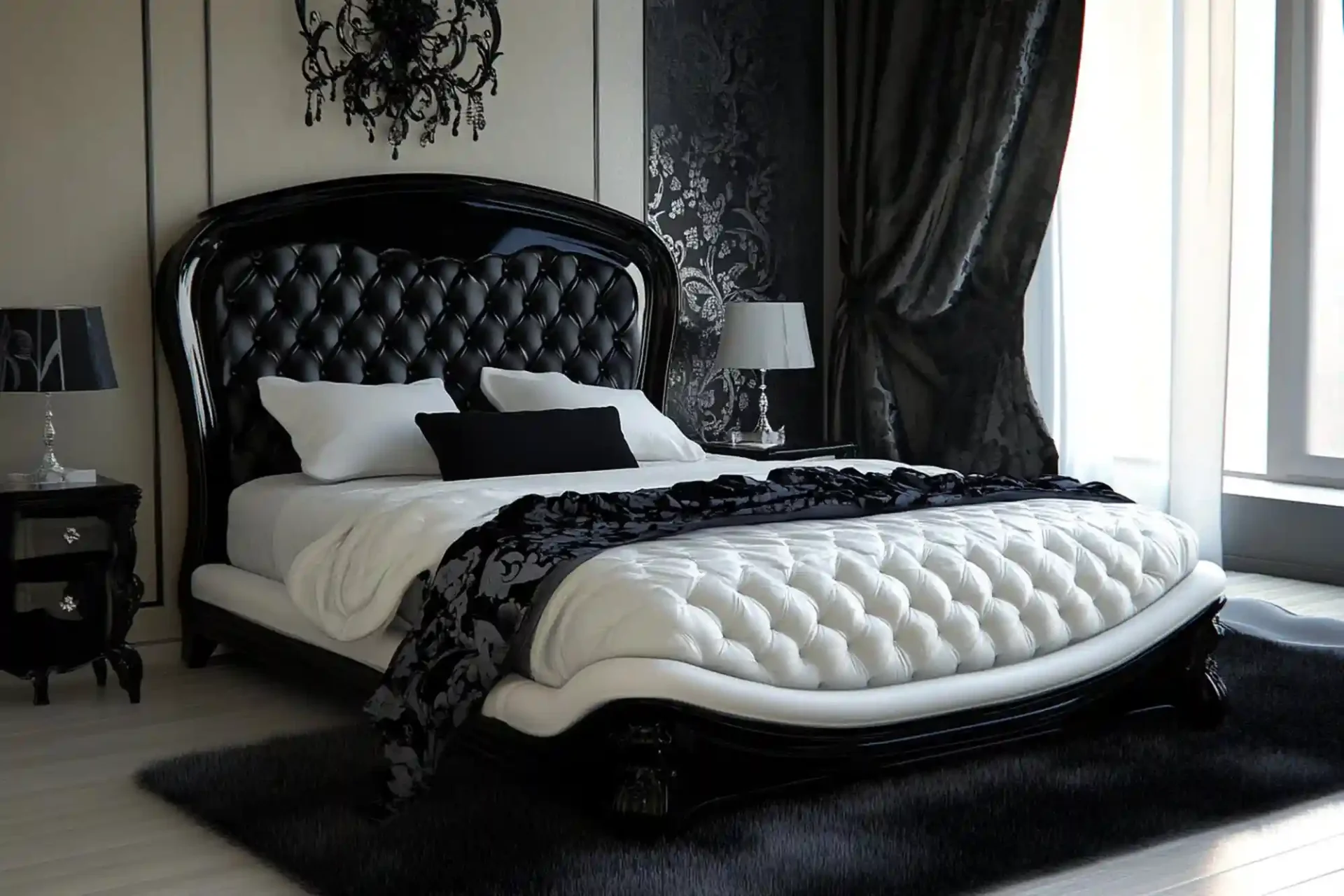 Dark bedroom with an arched black velvet headboard, gold botanical wallpaper, and a warm amber glass lamp