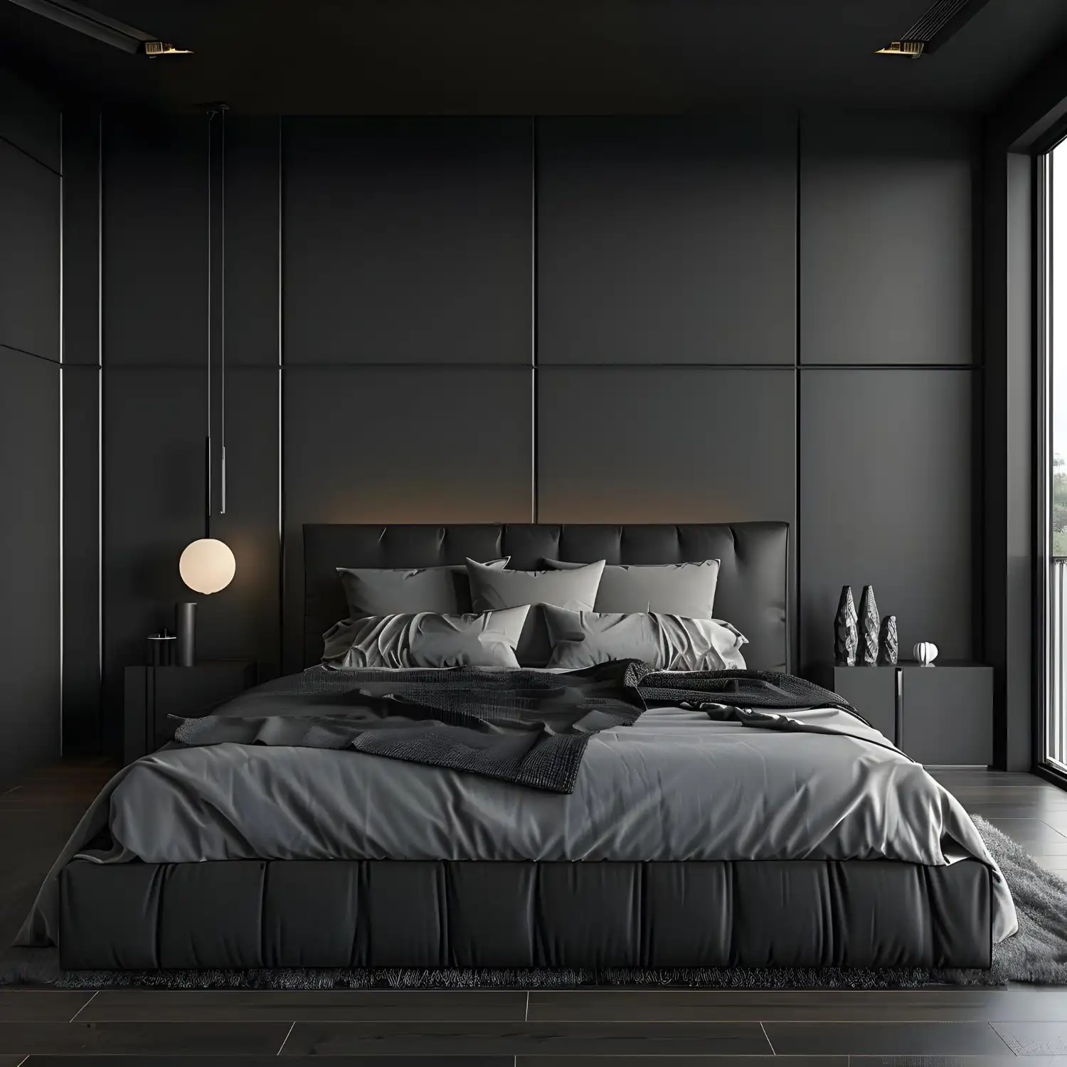 Full view of a black nouveau bedroom with curved furniture, botanical pattern, and layered warm lighting