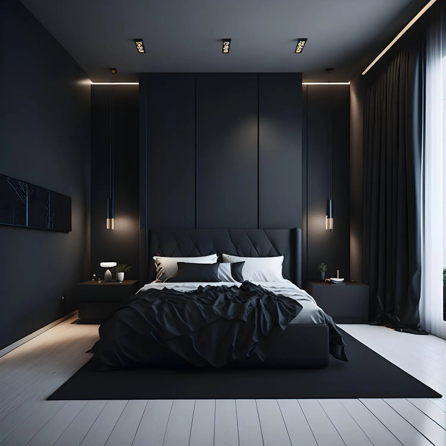 Soft charcoal-black bedroom walls with warm cream bedding and a muted green velvet bench