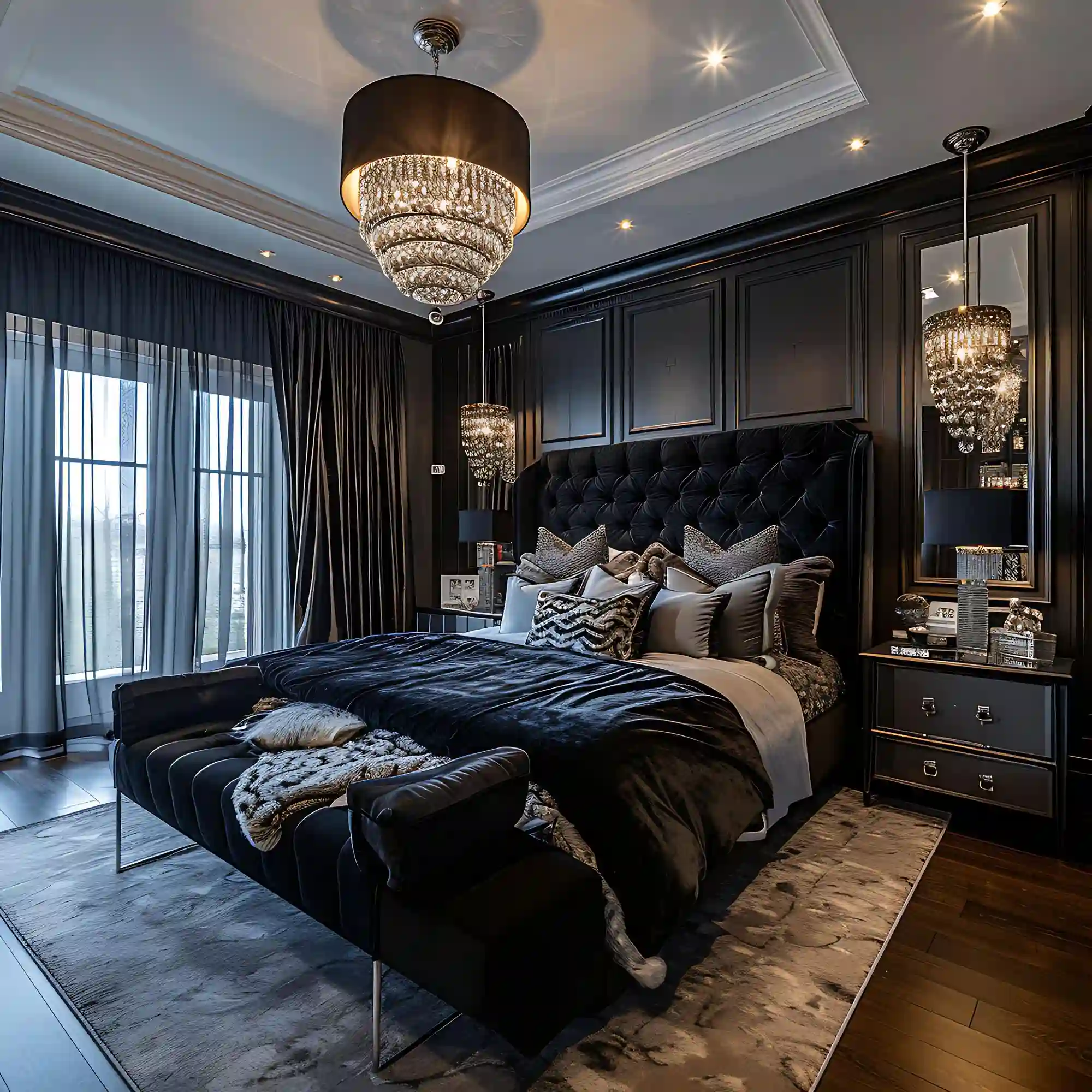 Black velvet bedding layered with cream linen beside a brass wall sconce and carved wood nightstand