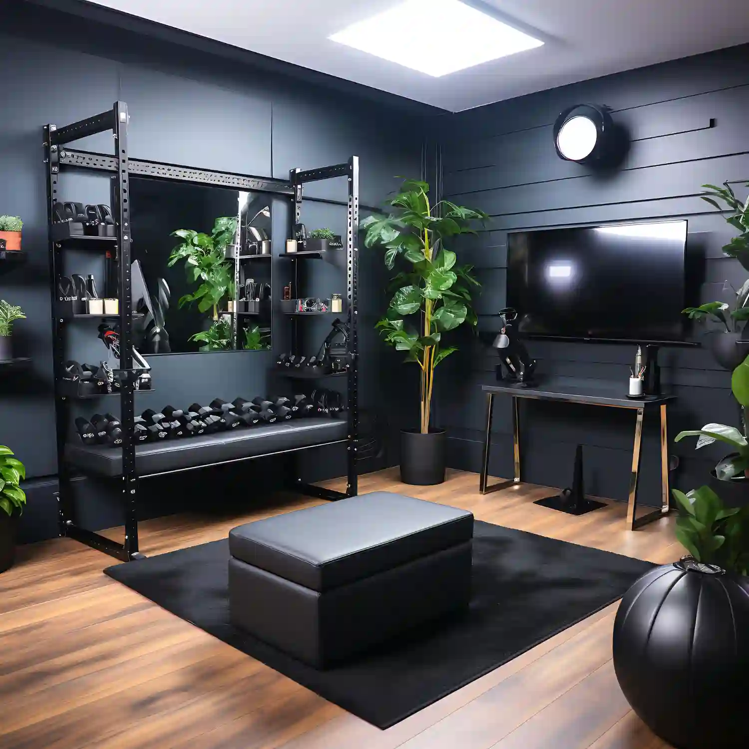 Black steel pipe shelving with reclaimed wood boards holding vinyl records and decor