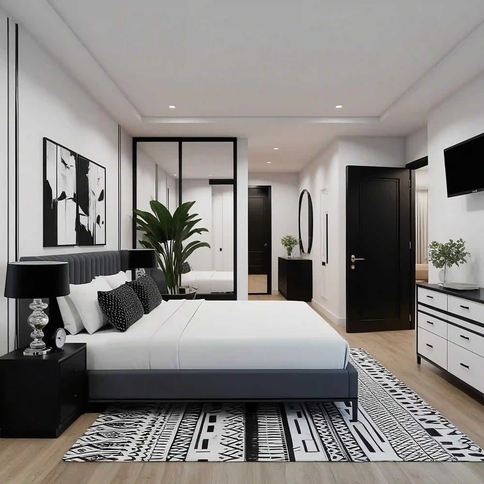 Full view of a two-tone bedroom showing white walls, black headboard, oak furniture, and a wool rug
