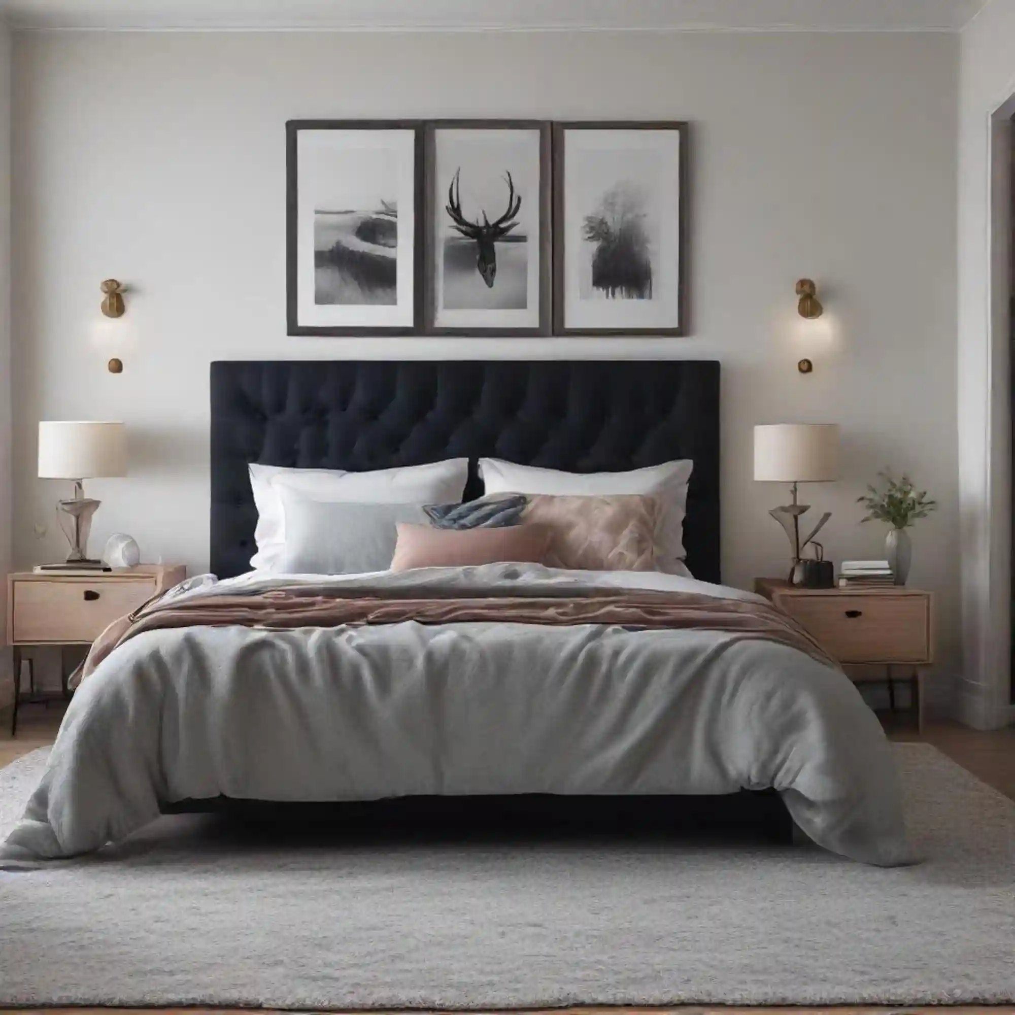 Light-dominant bedroom where black appears only on the headboard, curtain rod, and picture frames