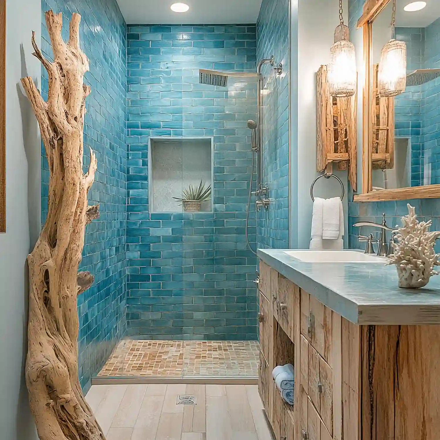 Bathroom wall decor on a small white-tile wall with a round mirror, framed art, a floating shelf, and a small plant