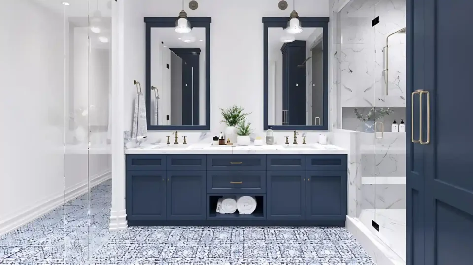 Soft powder-blue bathroom with white vanity, brass-framed mirror, and warm lighting for a calm, airy look