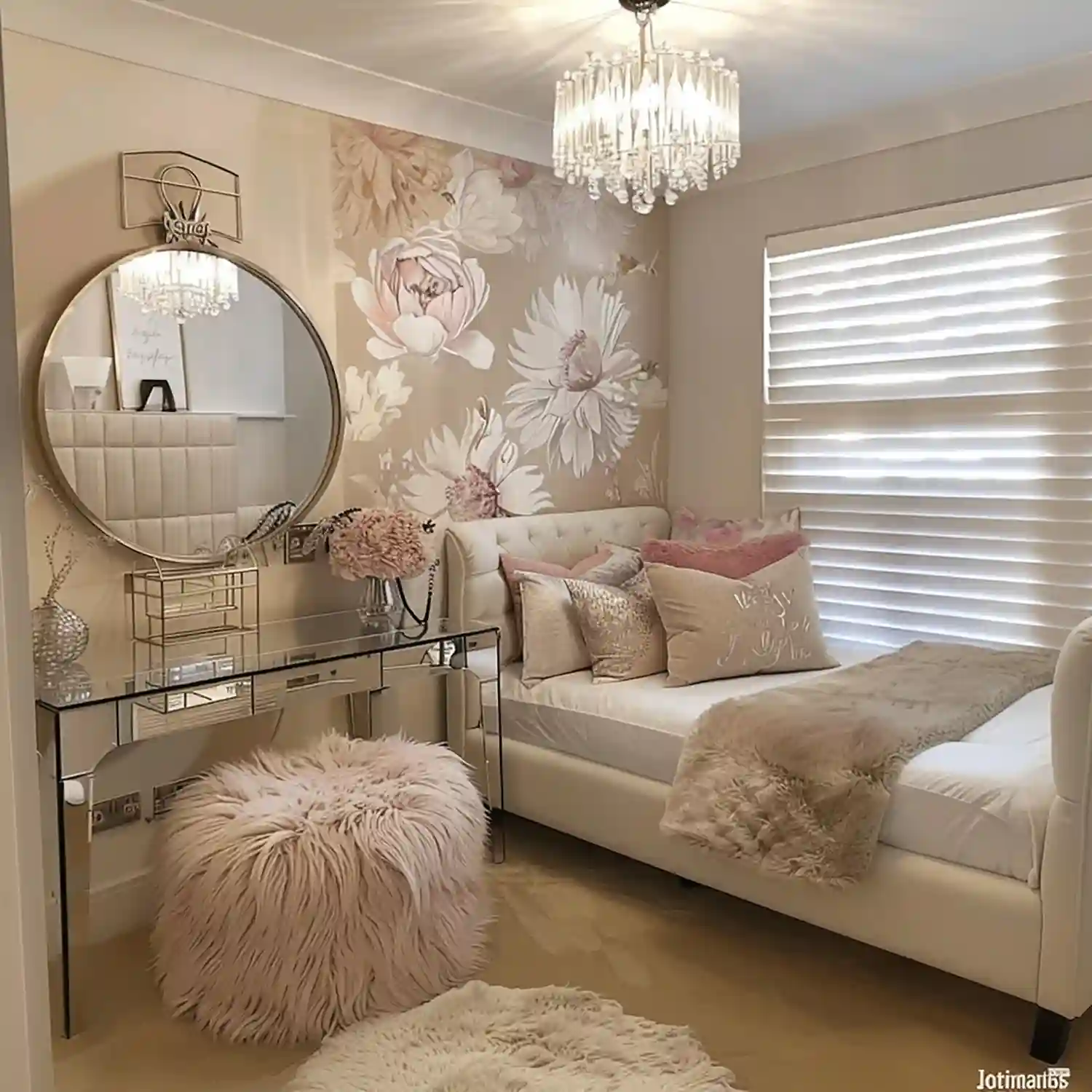 Bedroom accent wall in blush grasscloth behind the bed with linen bedding and a cane nightstand