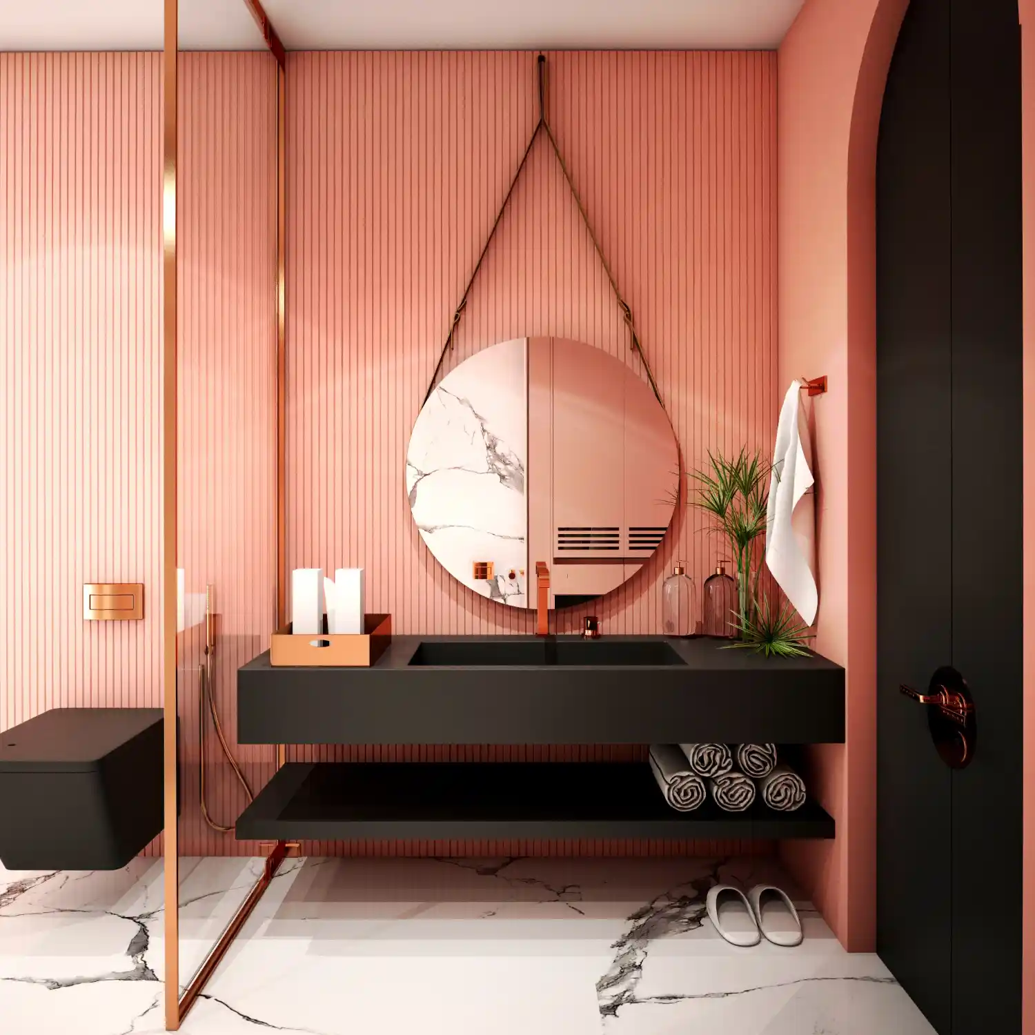 Modern blush pink bathroom wall with black hardware, warm wood vanity, and round mirror