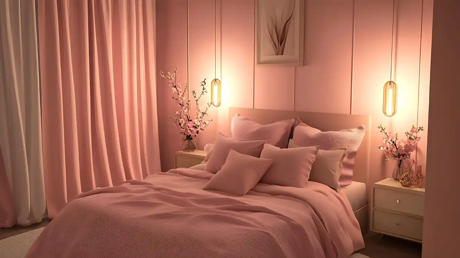 Sophisticated adult bedroom with blush pink walls, warm white linen bedding, walnut nightstand, and brass lamp