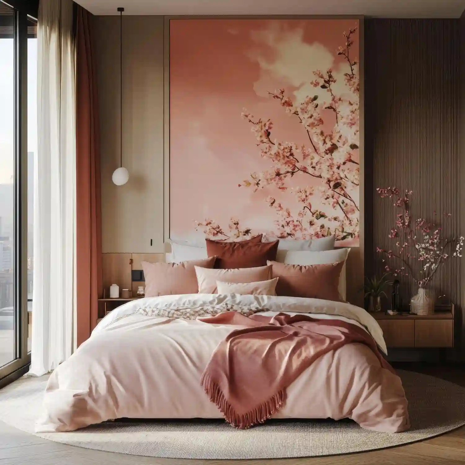 Grown-up bedroom blending blush pink bedding with warm grey walls and brushed brass lamps