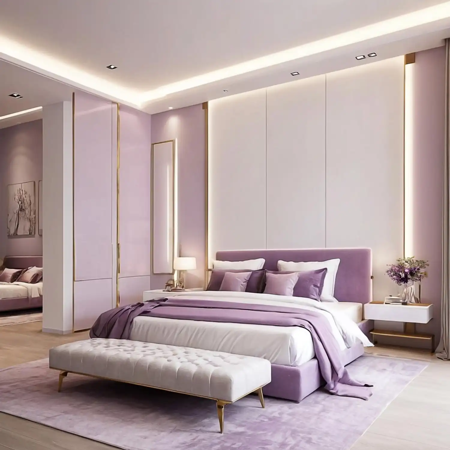 Modern bedroom with dove grey walls, blush velvet throw, linen shams, and warm greige headboard