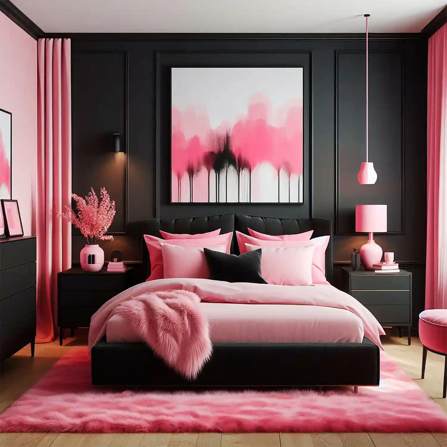 Cozy bedroom with deep navy velvet headboard, blush bedding, cream curtains, and aged brass sconces
