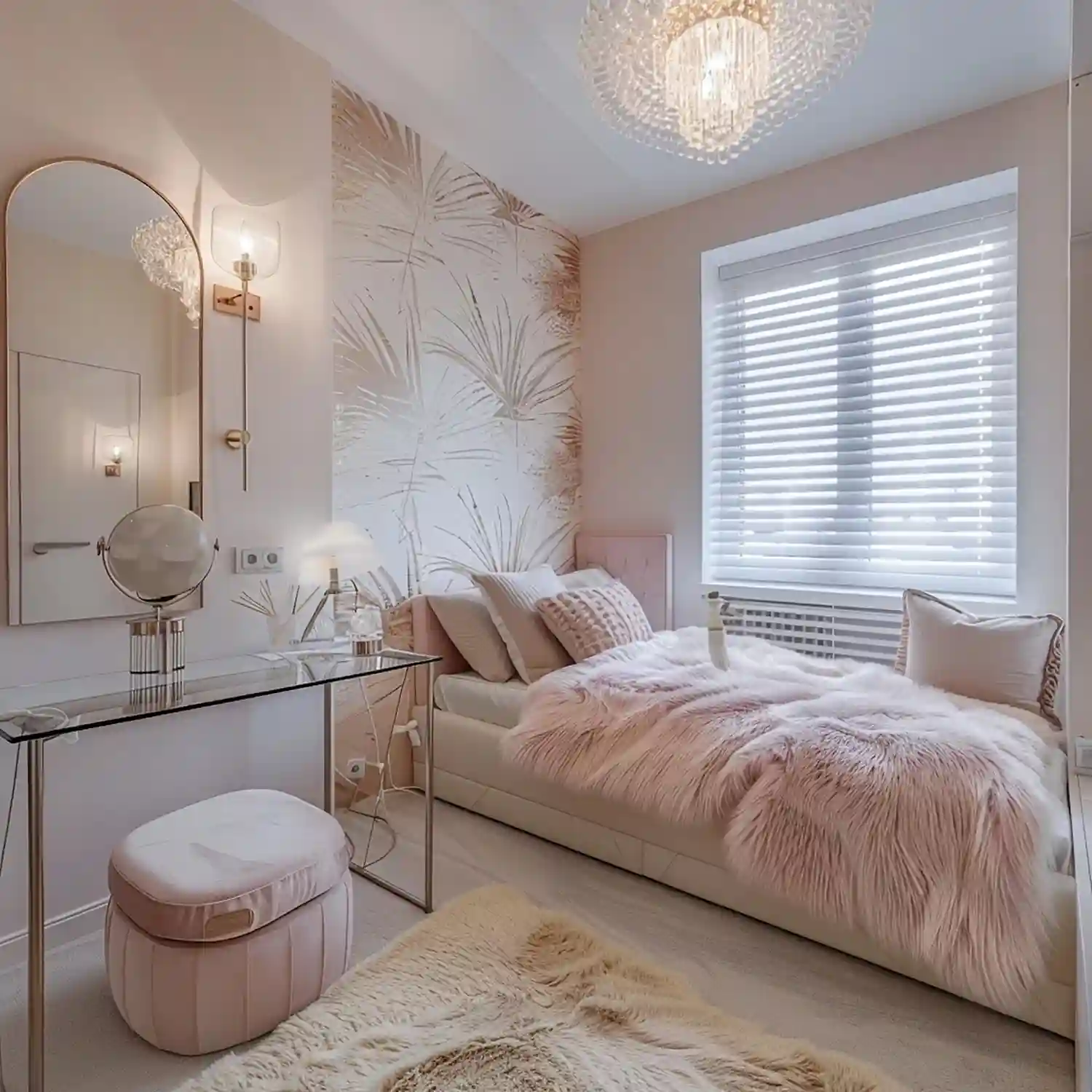 Airy bedroom with warm white walls, blush tufted headboard, jute rug, and chunky knit throw