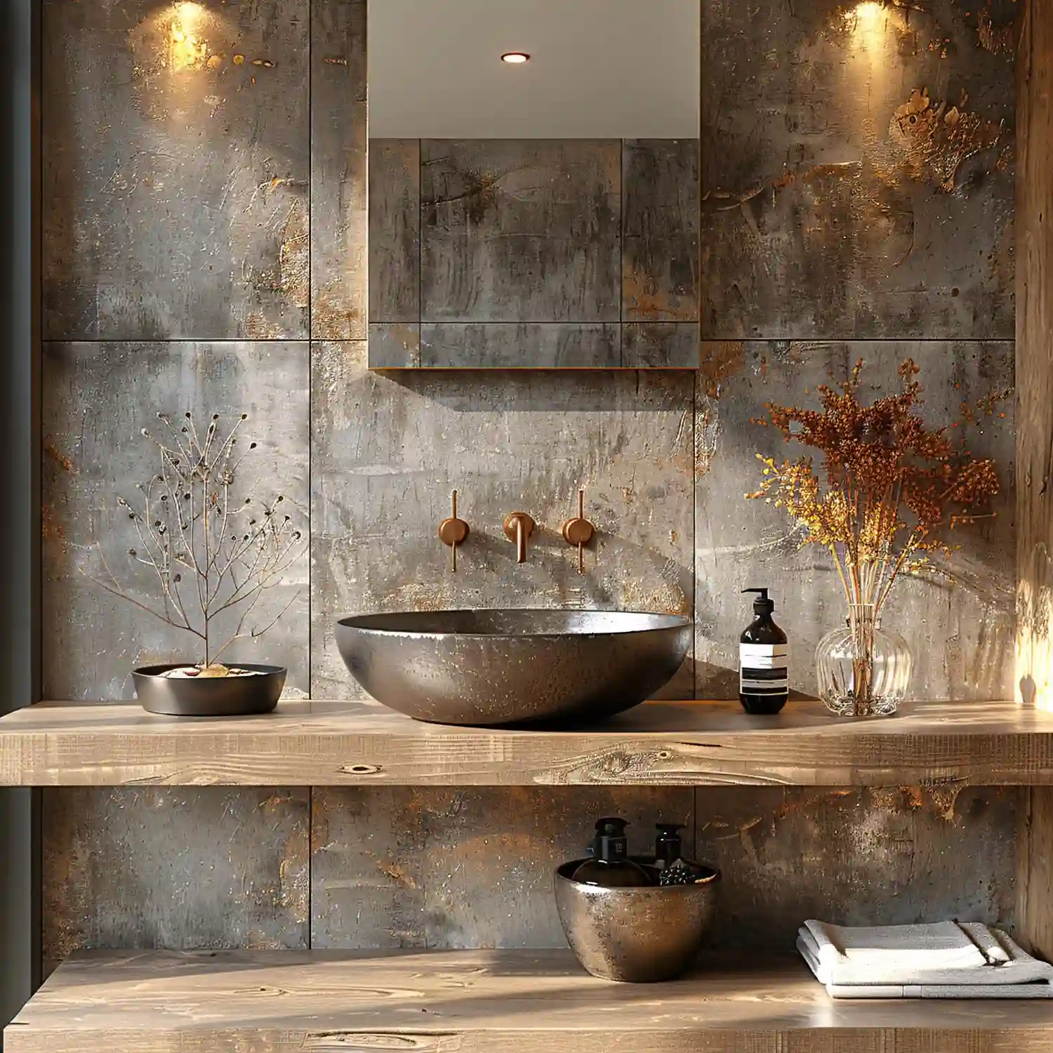 Boho bathroom with terracotta tones, rattan mirror, patterned cement tile, brass taps, and trailing plants