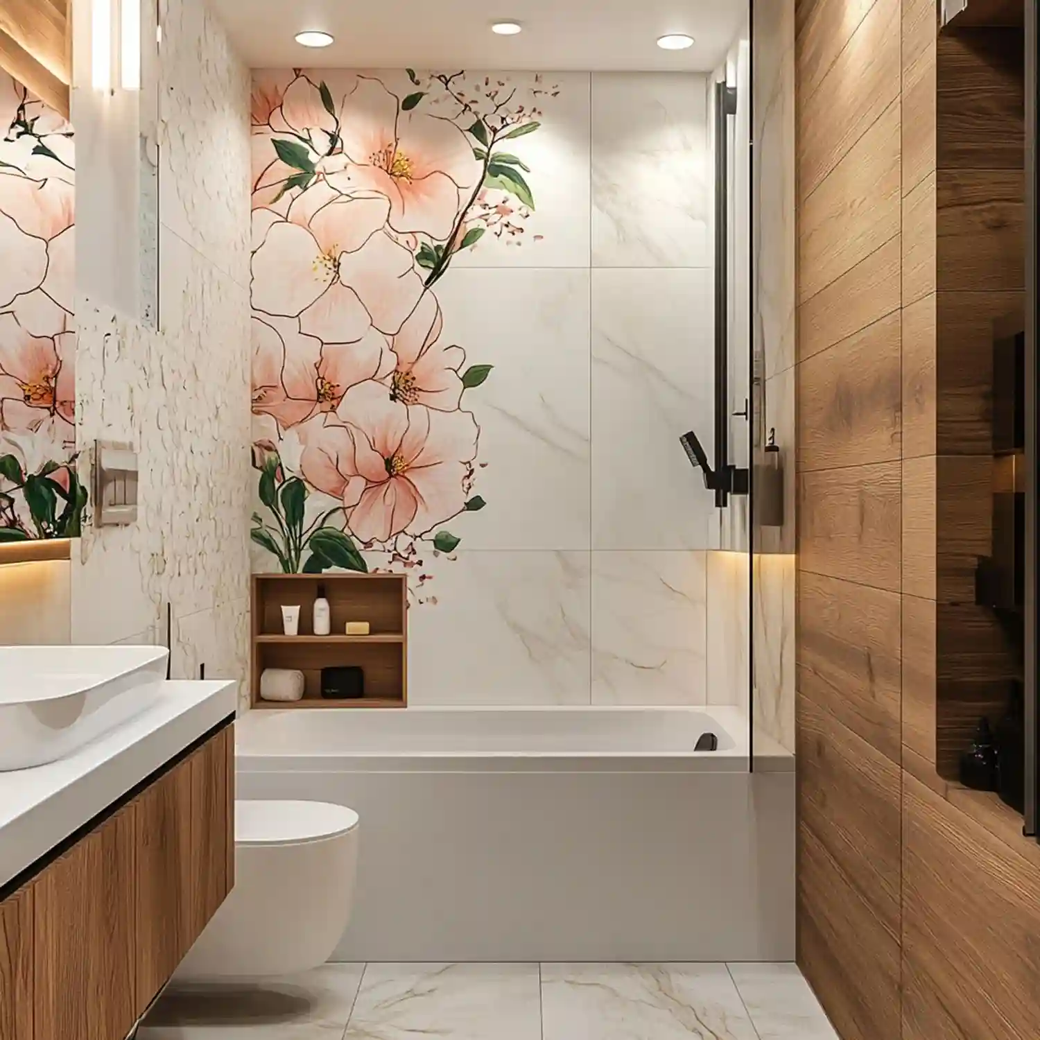 Bold papered accent wall showing bathroom wallpaper ideas above a floating oak vanity and brass tap