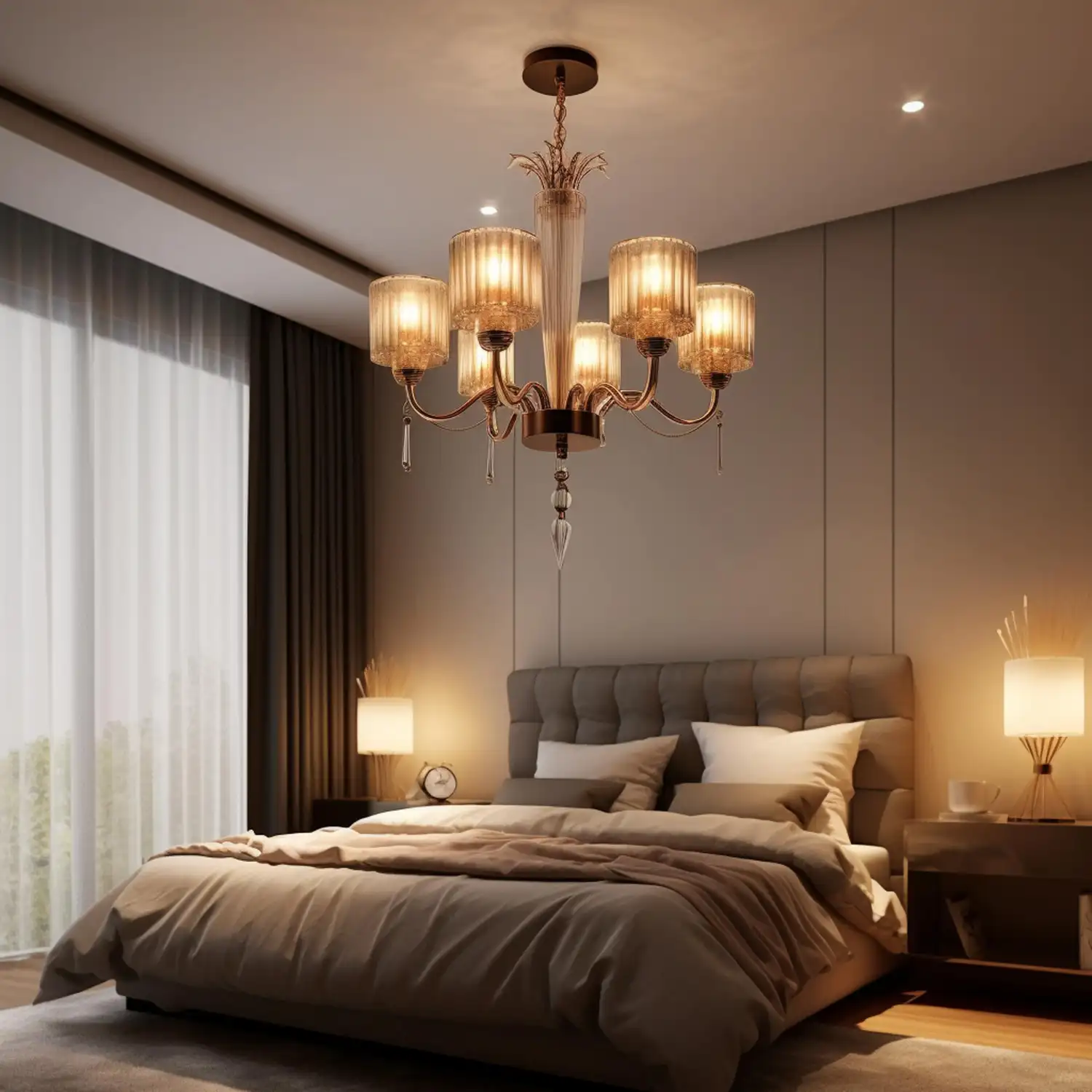 Warm cream bedroom with brushed brass table lamps, chocolate velvet throw on cream linen bedding, and warm lighting