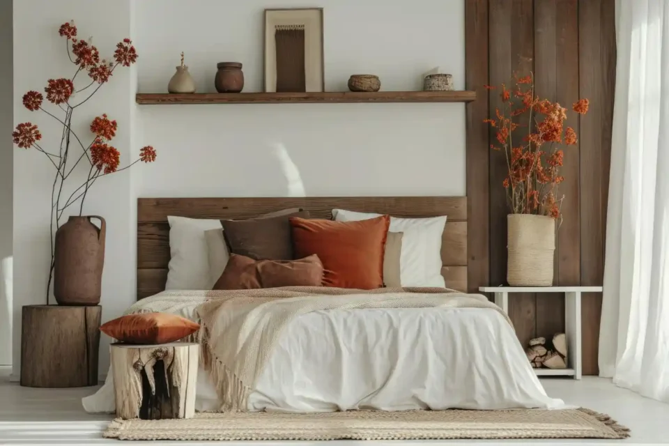 Warm brown and tan bedroom with caramel accent wall, ivory linen bedding, raw oak bed frame, and brushed brass sconces