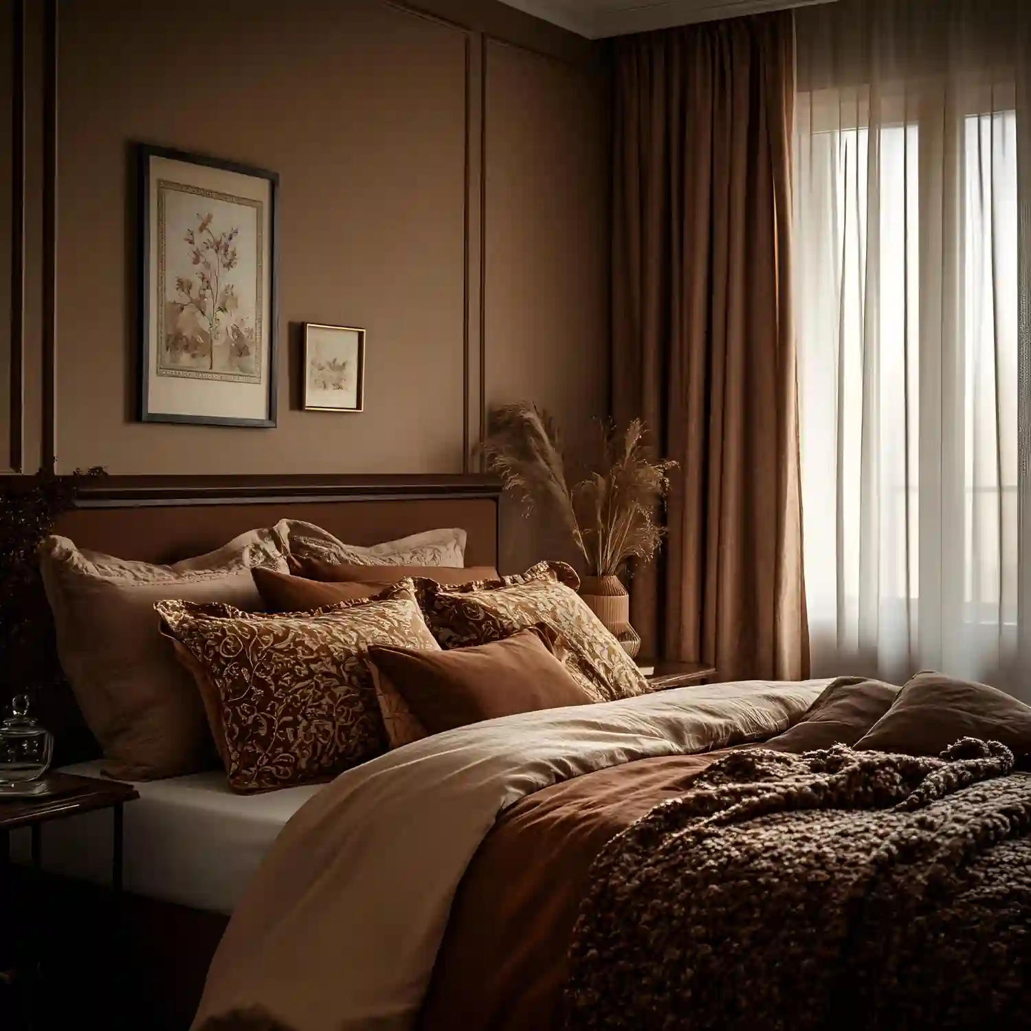 Styled brown and tan bedroom showing layered cream linen bedding, jute rug, rattan mirror, and warm 2700K lamp