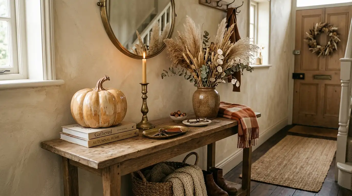 Entry console styled for autumn with a glazed ceramic pumpkin, brass candlestick and dried grasses in warm neutral tones