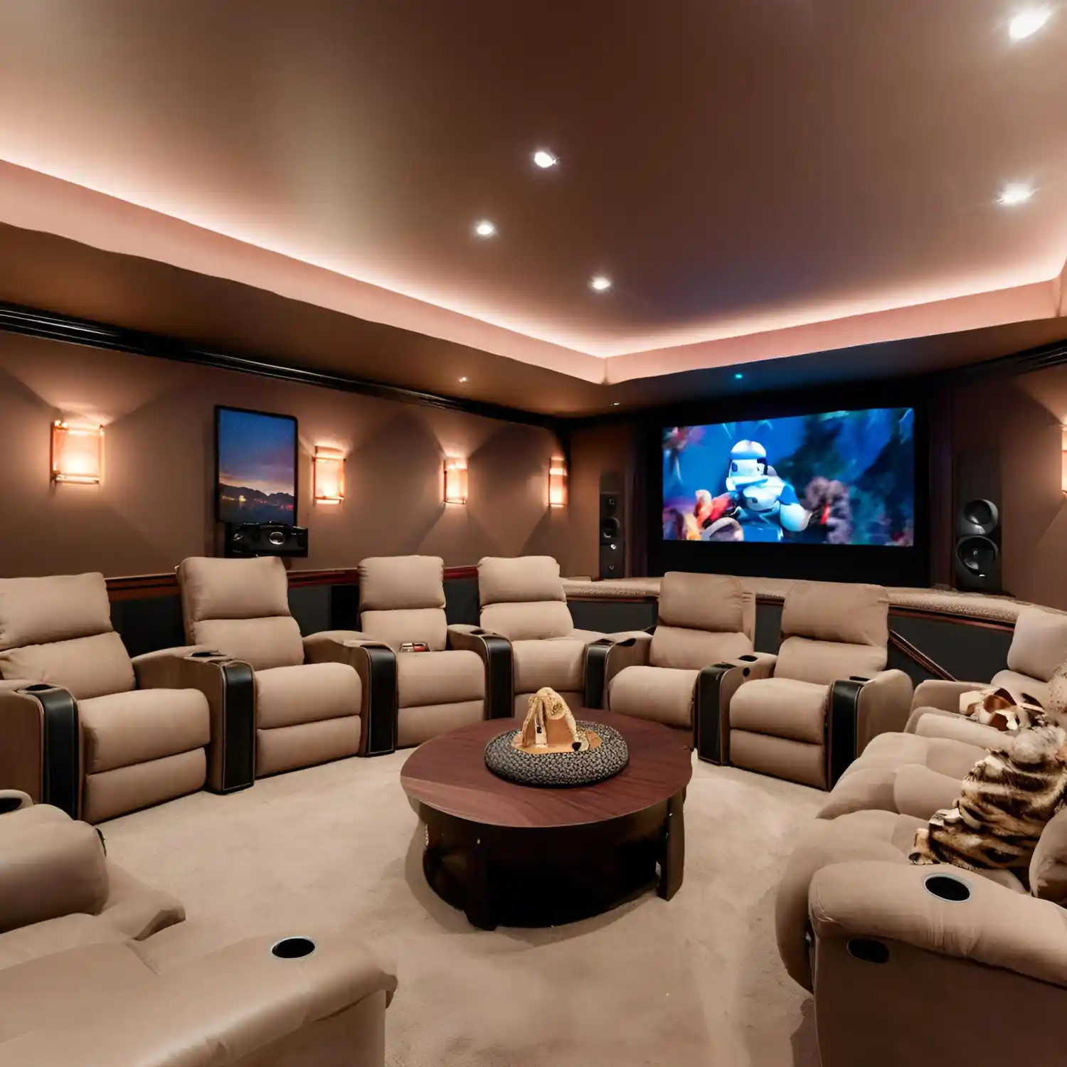 Affordable man cave overview with secondhand seating, television, simple storage, warm lighting, and dark accent wall