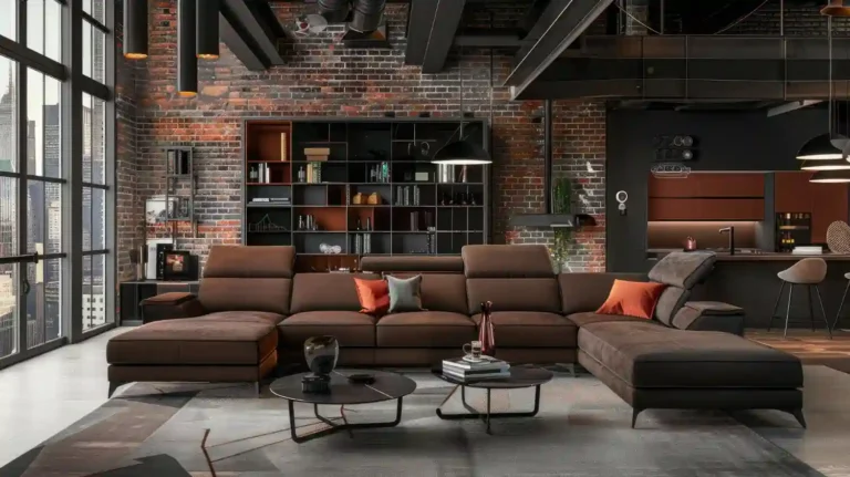 Finished modern man cave with charcoal walls, cognac sofa, dark walnut media console, warm lamps, and edited sports art