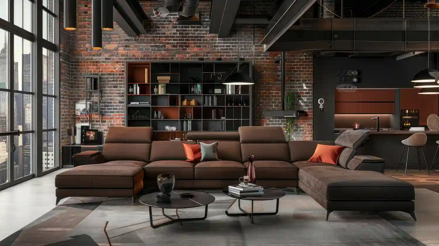 Finished modern man cave with charcoal walls, cognac sofa, dark walnut media console, warm lamps, and edited sports art