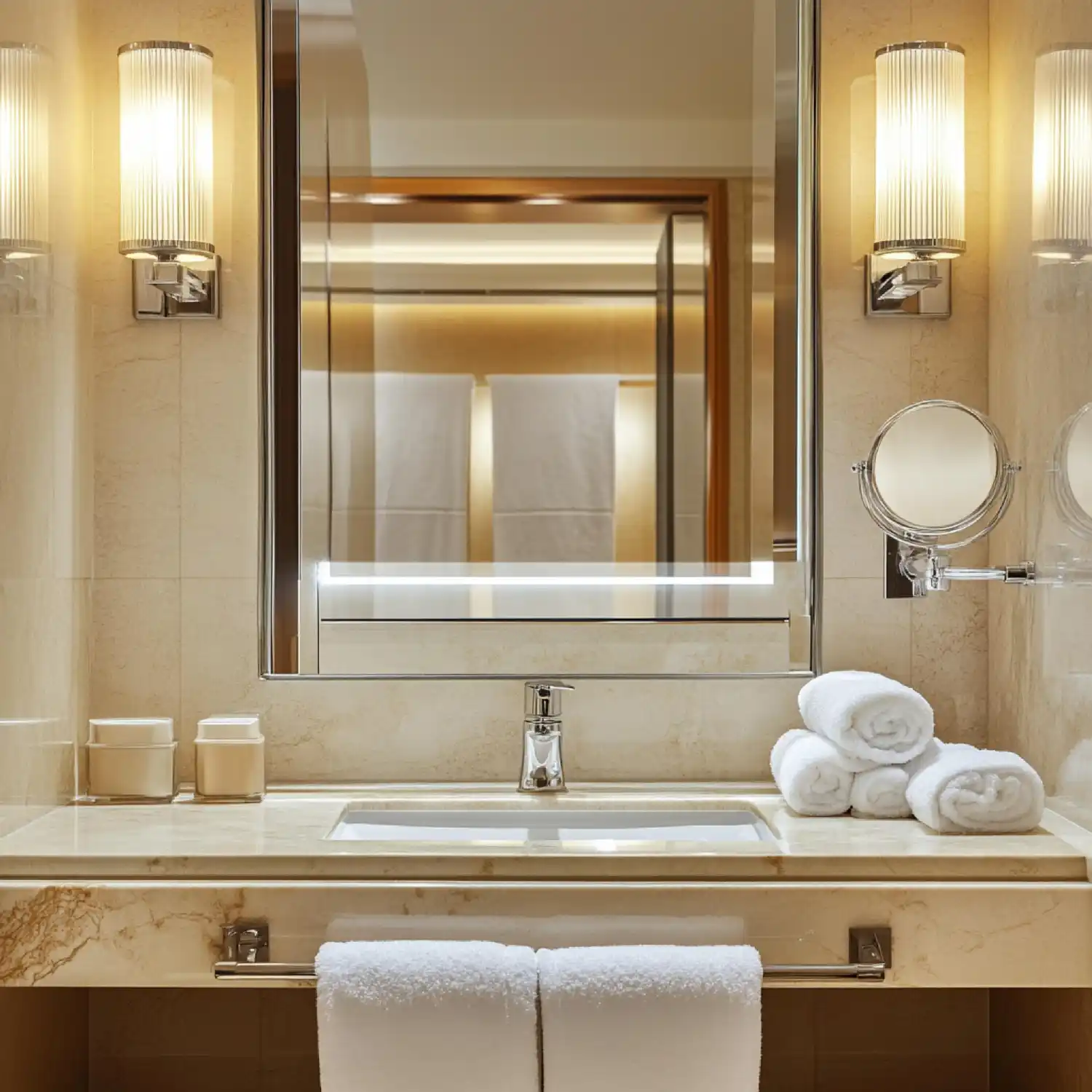 Plain frameless rectangle mirror glued over a basic white vanity in a builder-grade bathroom