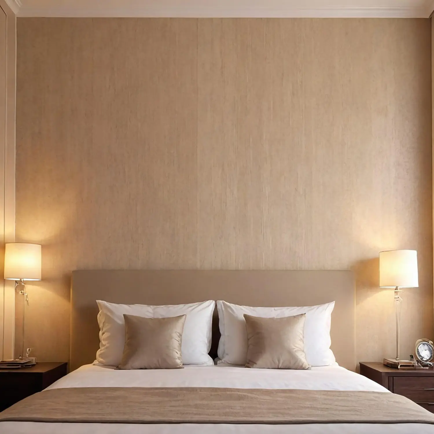Caramel-painted bedroom walls paired with ivory linen duvet, oat chunky knit throw, and raw oak bed frame