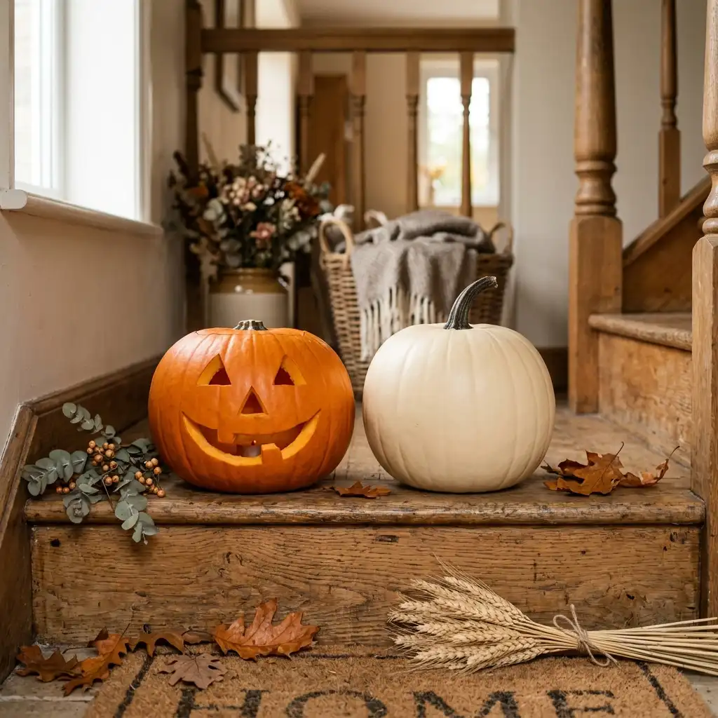 A carved jack-o-lantern beside a smooth cream painted pumpkin on a wooden step in daylight