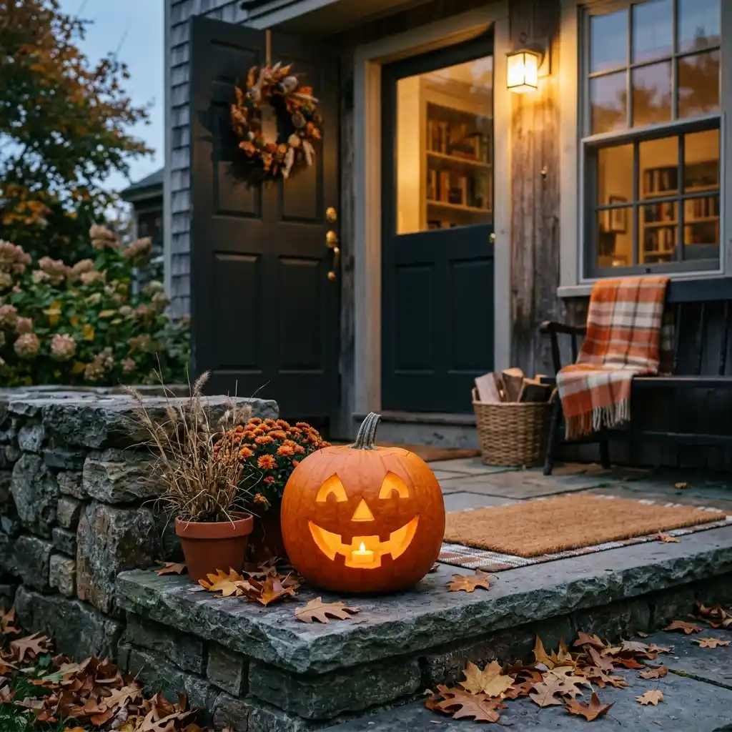 Carved jack-o-lantern glowing at dusk on a front step with a battery tea light inside