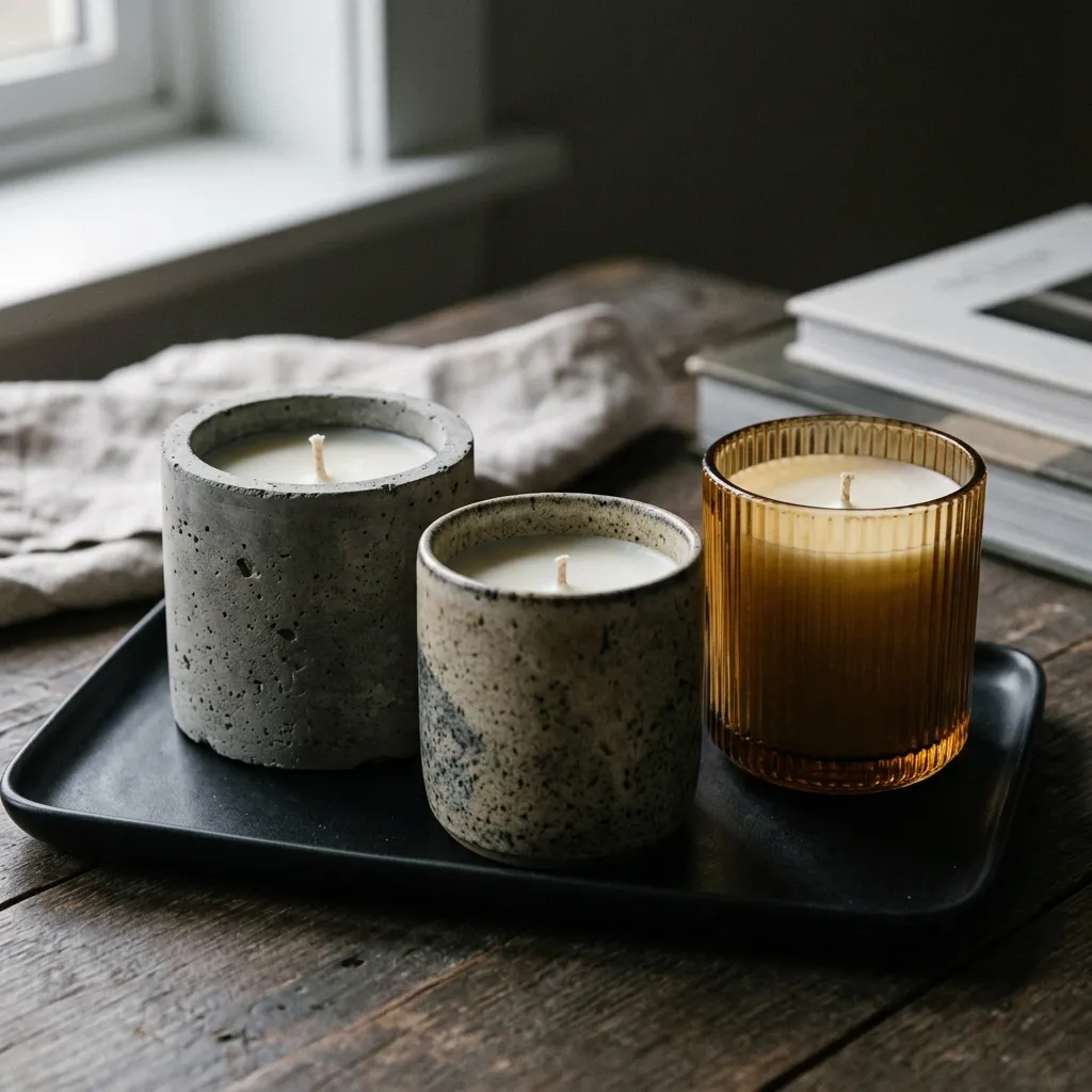 Cedar scented candle burning on a reclaimed oak table with a wool throw and iron hardware