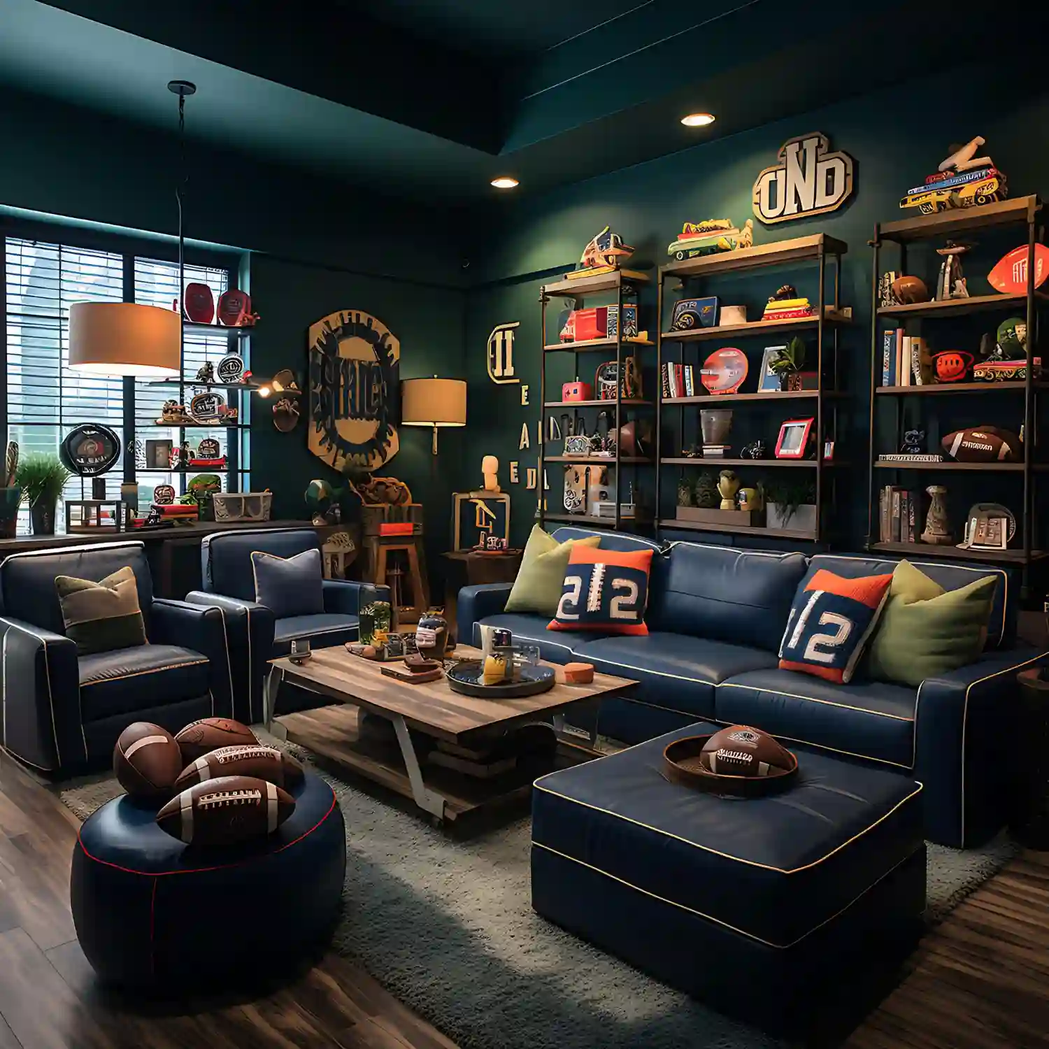 Low-profile charcoal boucle modular sectional with a walnut side table in a modern man cave
