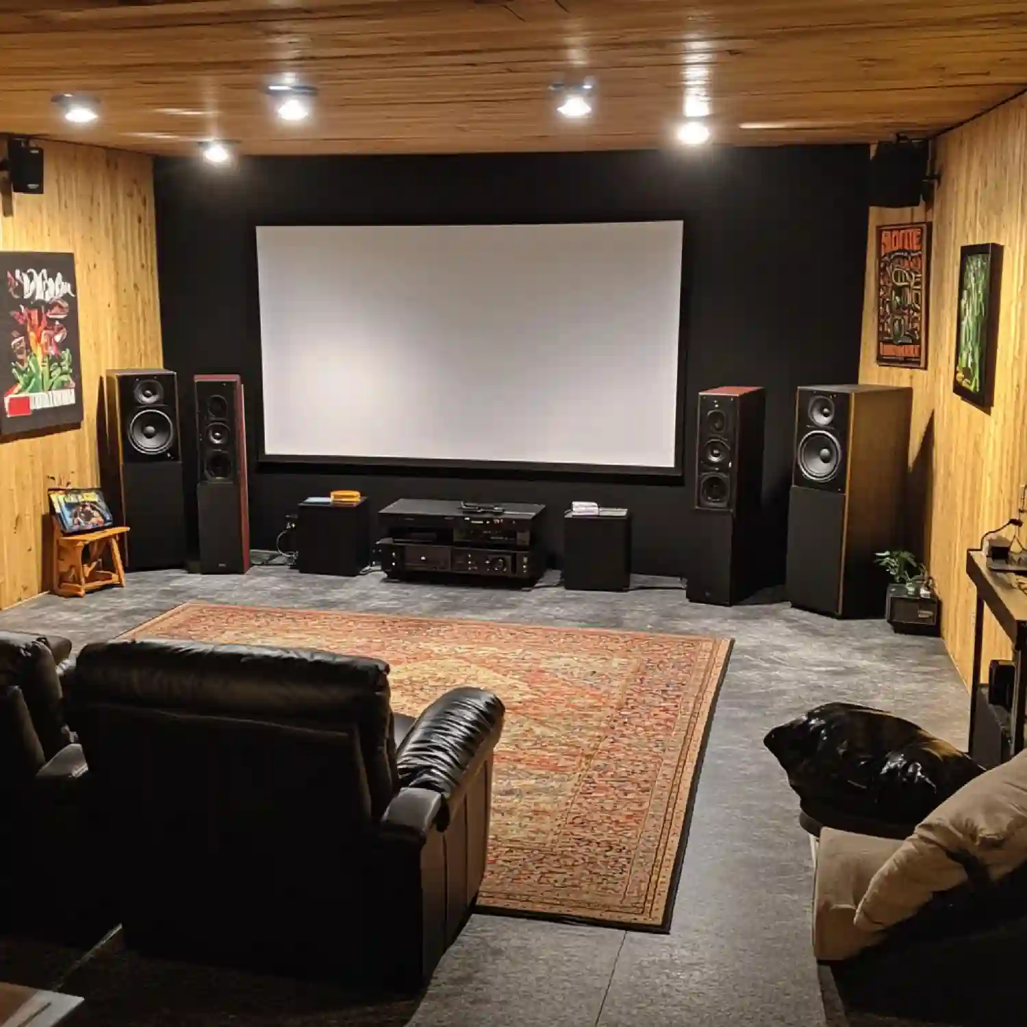 Deep charcoal projector lounge with large screen, rust velvet sectional, walnut tables, and dark wool rug