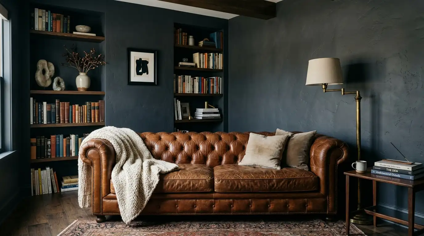 Charcoal walls with a cognac leather Chesterfield sofa and brass floor lamp in a den