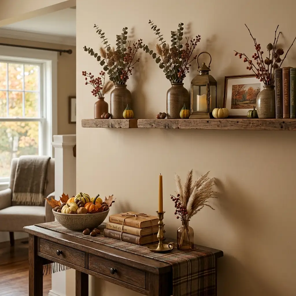 Two autumn vignettes side by side, one on a close reachable console and one on a high shelf above eye level