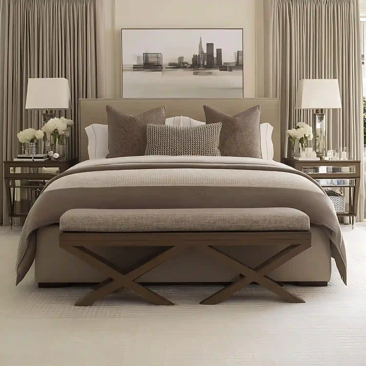 Chocolate brown upholstered headboard against warm white walls with cream cotton bedding and brass wall sconces