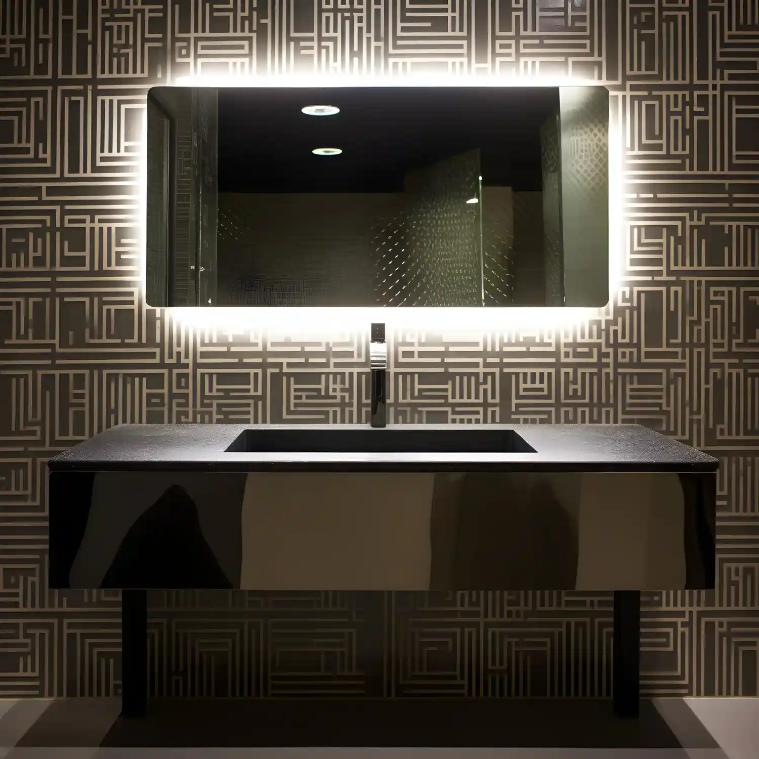 Bathroom wet zone and dry zone comparison with tiled shower beside a wallpapered vanity wall