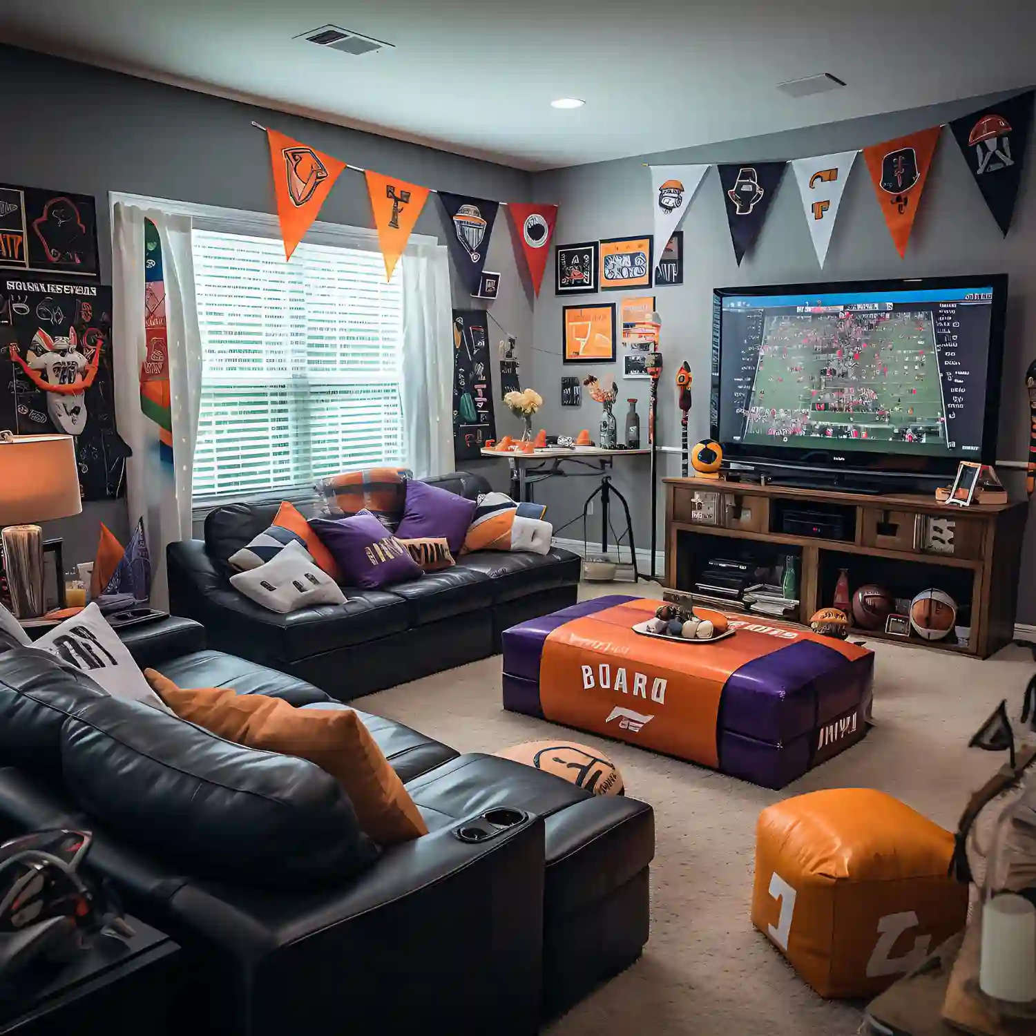 Split man cave activity zones with a gaming desk, movie seating, record player, and compact sports display